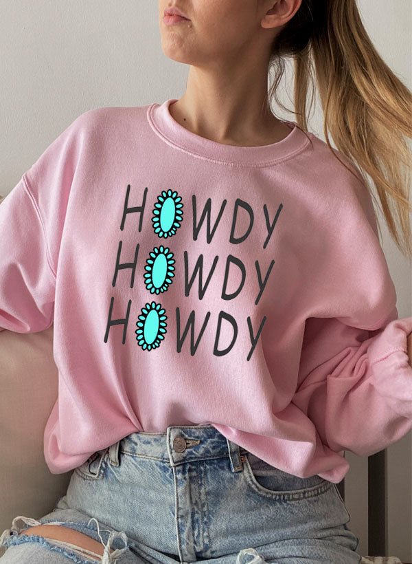 A cozy Howdy Sweat Shirt featuring unique artistic designs, made from a soft cotton/poly fleece blend.