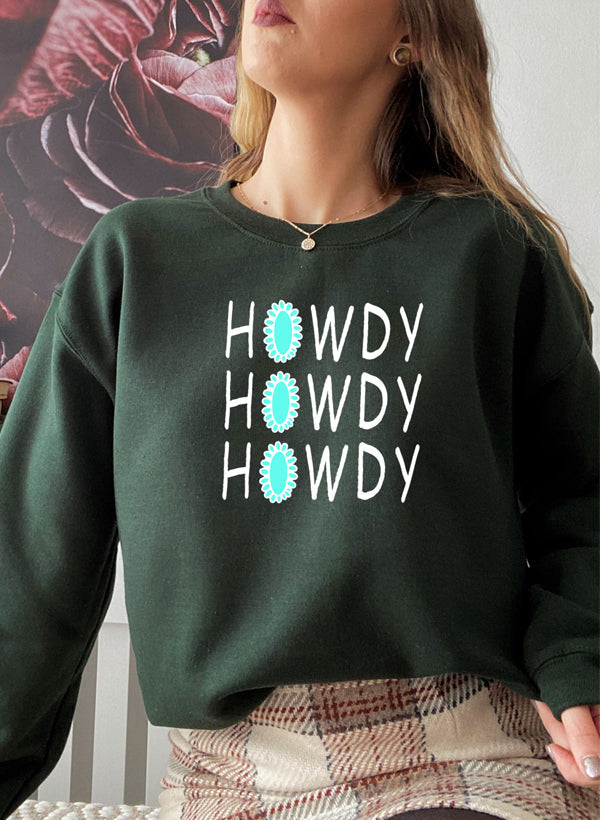 A cozy Howdy Sweat Shirt featuring unique artistic designs, made from a soft cotton/poly fleece blend.