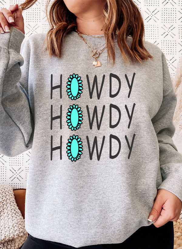 A cozy Howdy Sweat Shirt featuring unique artistic designs, made from a soft cotton/poly fleece blend.