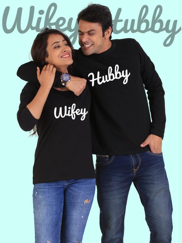 Hubby Wifey Couple Full Sleeves Black t-shirt featuring a stylish couple design, made from 100% soft cotton for comfort.