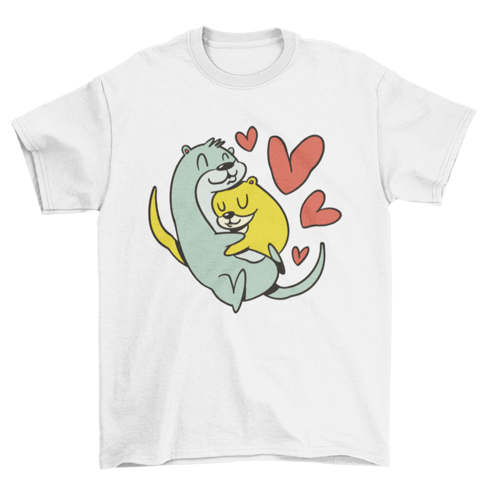 A soft t-shirt featuring a cute illustration of two otters hugging each other, perfect for animal lovers.