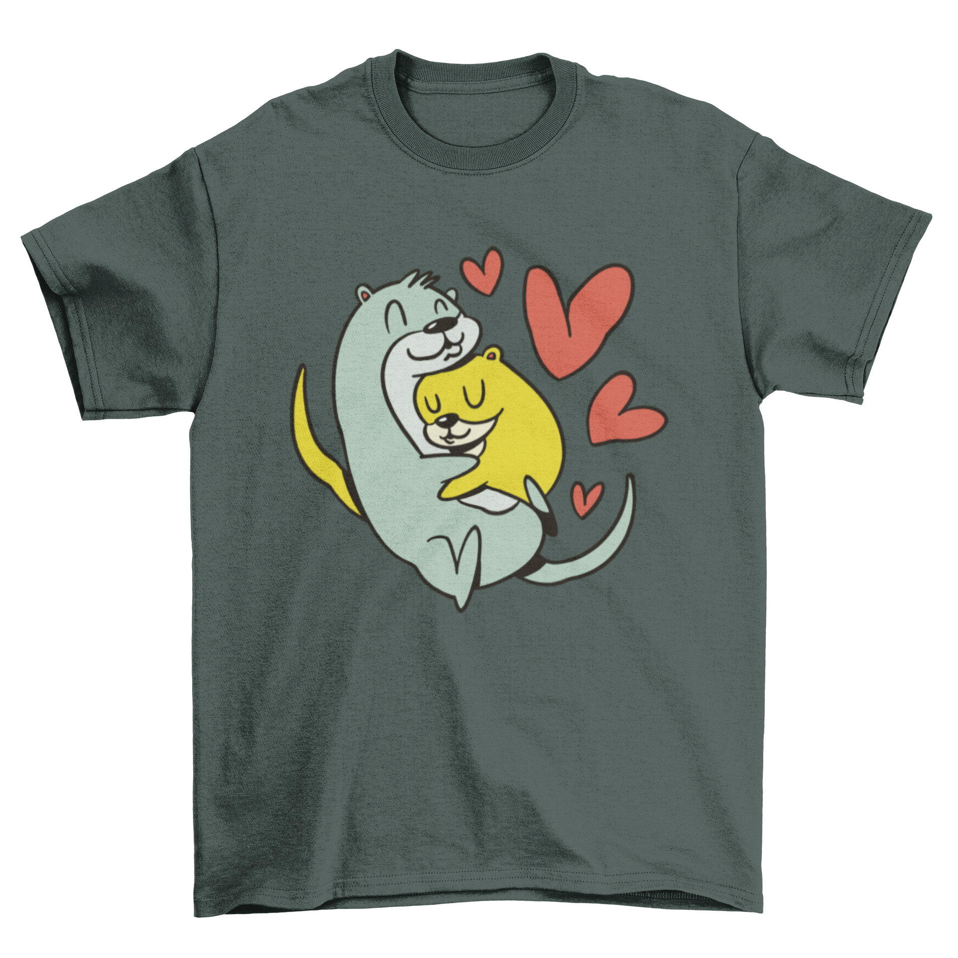 A soft t-shirt featuring a cute illustration of two otters hugging each other, perfect for animal lovers.