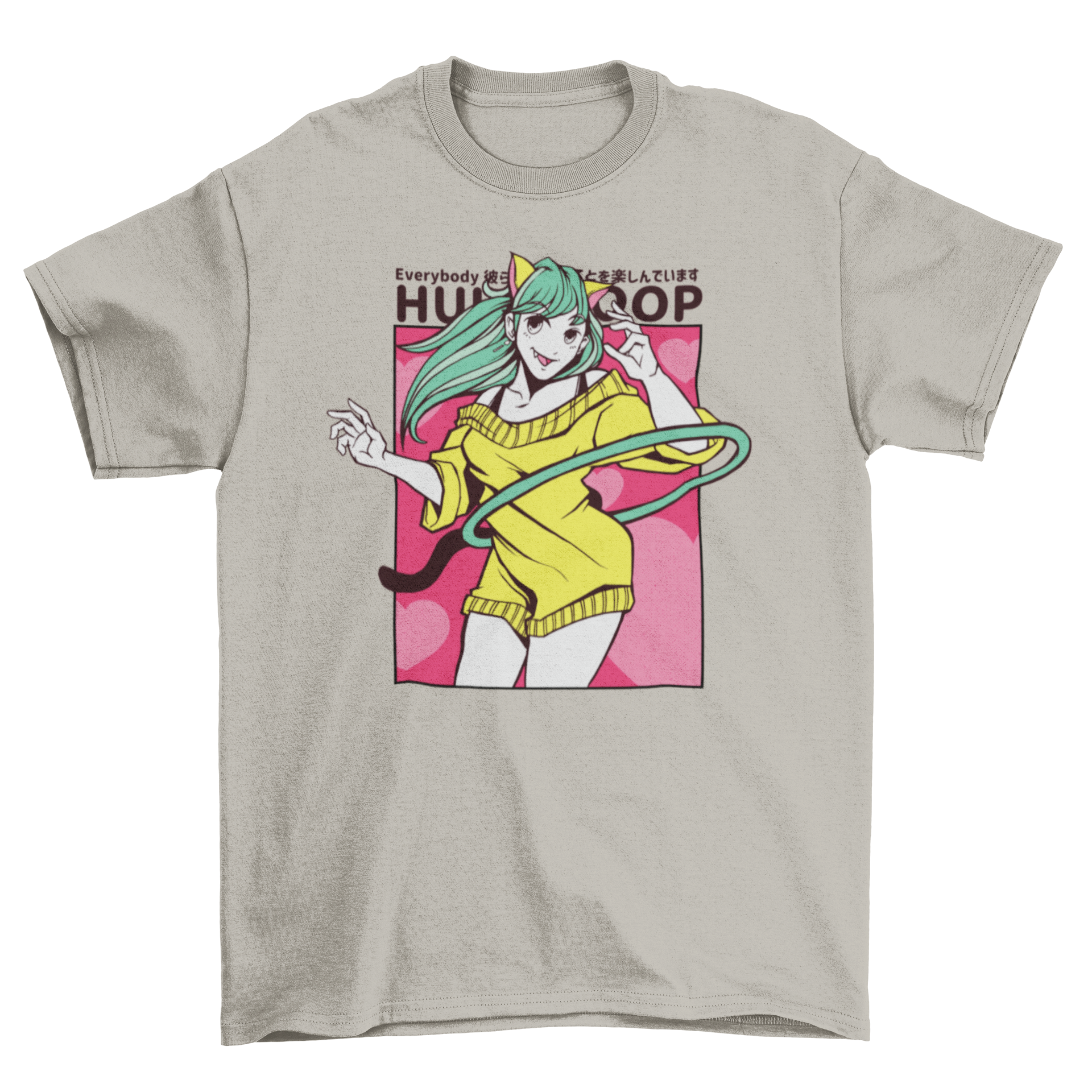 A stylish t-shirt featuring an anime girl with cat ears hula hooping, showcasing vibrant colors and playful design.