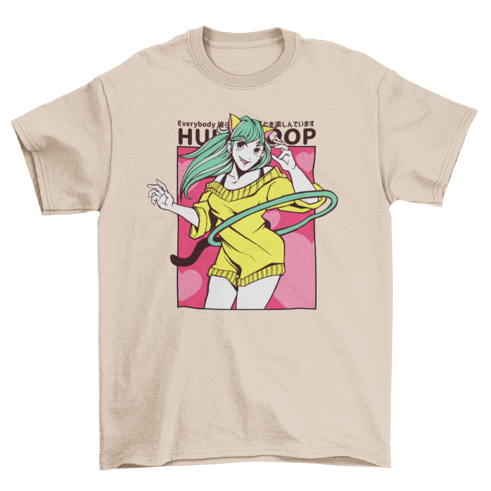 A stylish t-shirt featuring an anime girl with cat ears hula hooping, showcasing vibrant colors and playful design.