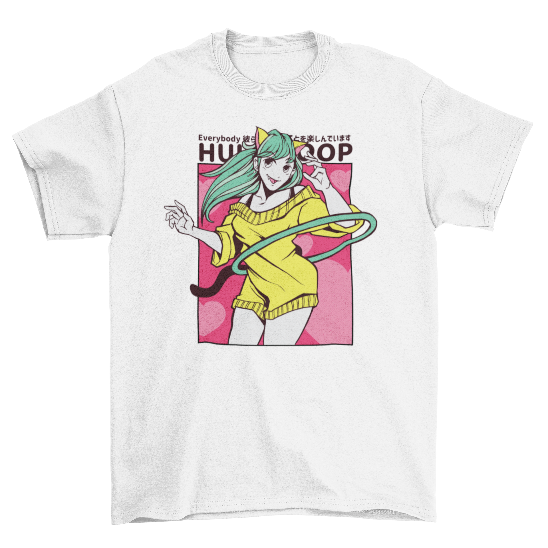 A stylish t-shirt featuring an anime girl with cat ears hula hooping, showcasing vibrant colors and playful design.