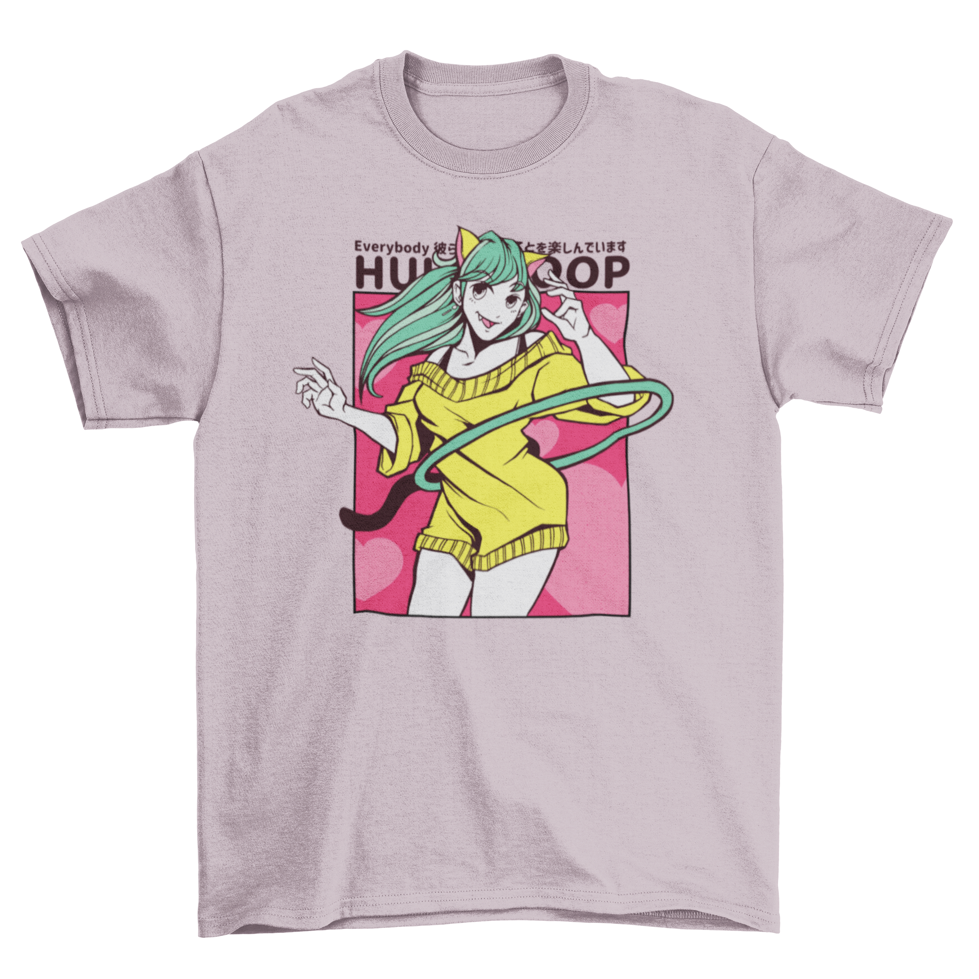 A stylish t-shirt featuring an anime girl with cat ears hula hooping, showcasing vibrant colors and playful design.