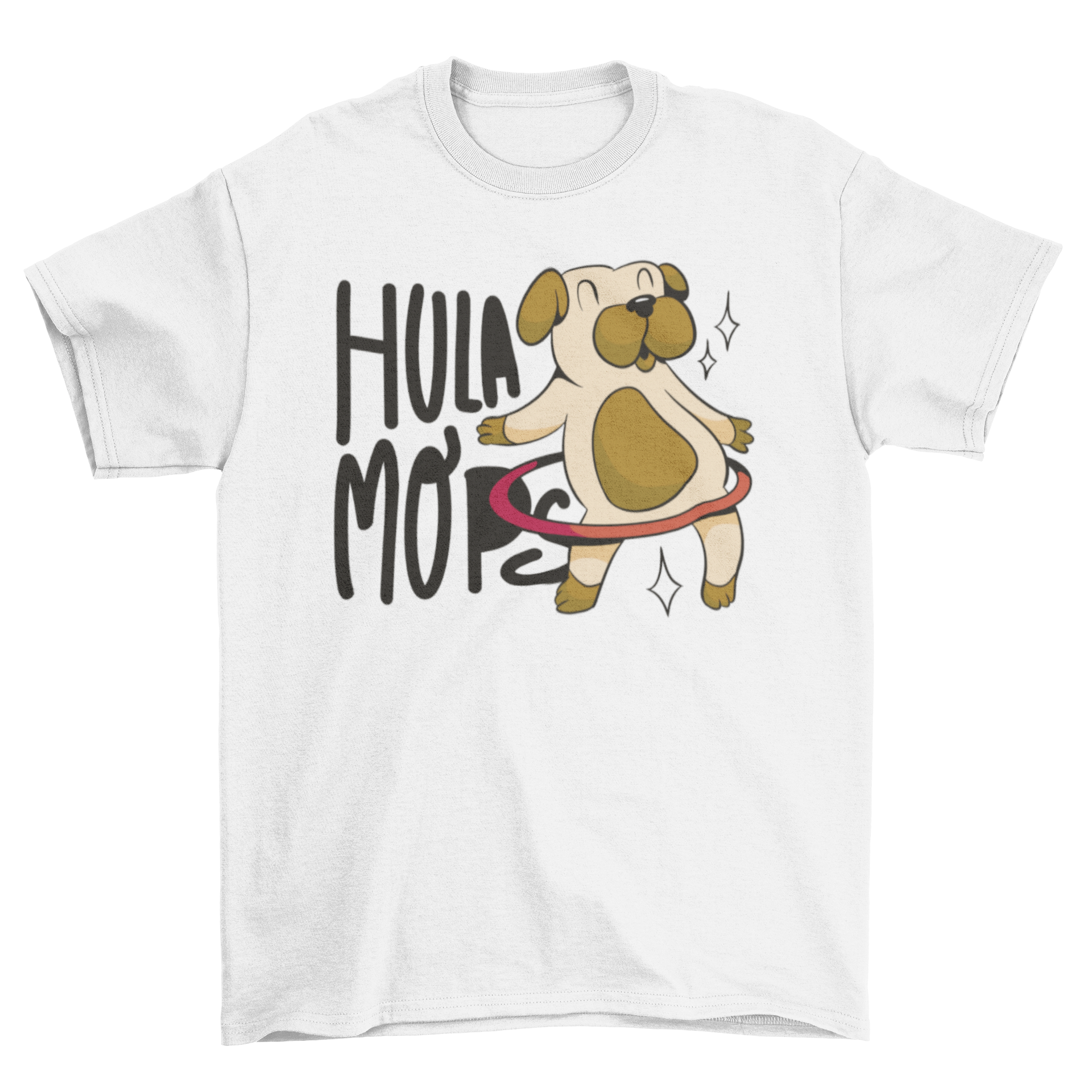 A playful dog wearing a t-shirt with a hula hoop design and the quote 'Hula mops'.