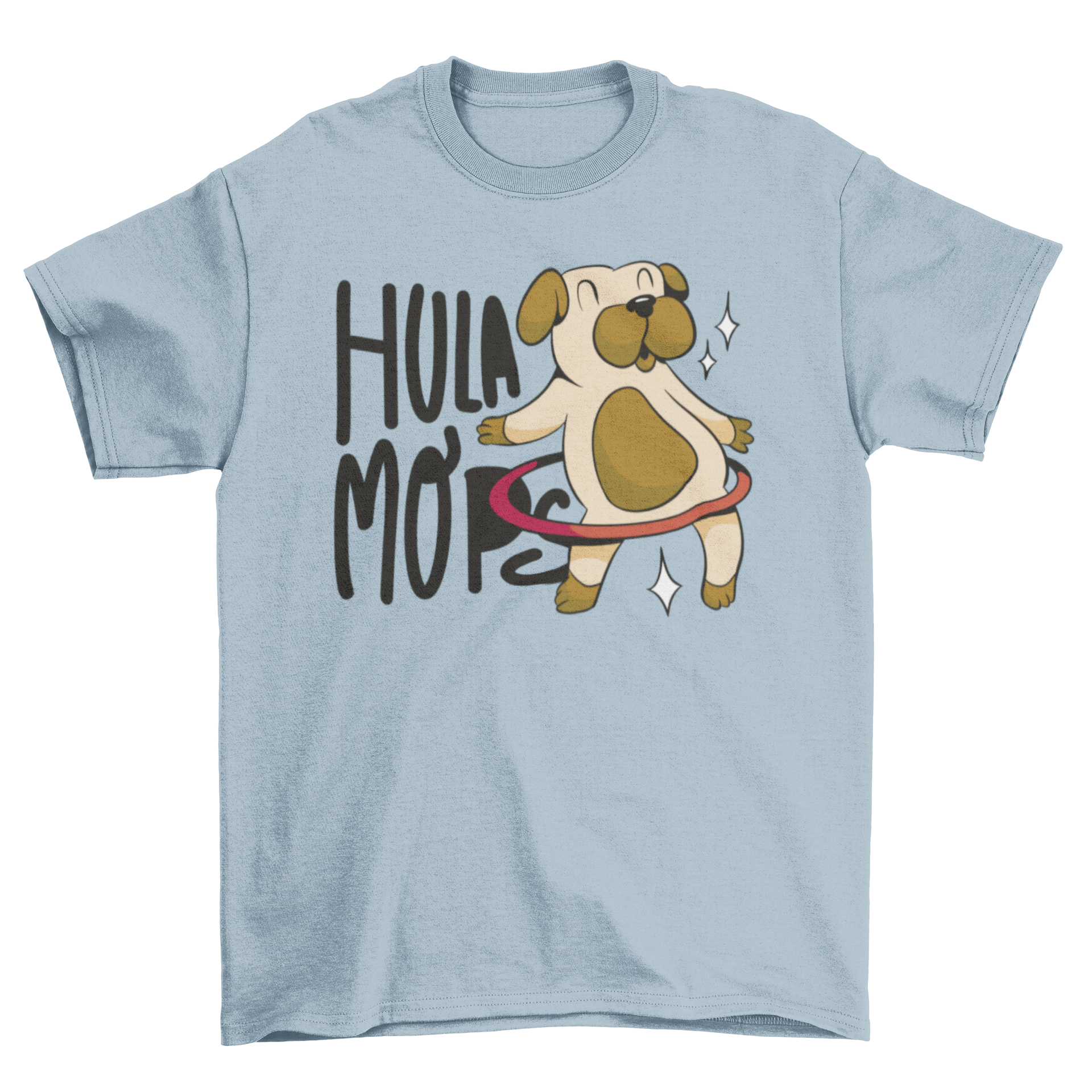 A playful dog wearing a t-shirt with a hula hoop design and the quote 'Hula mops'.