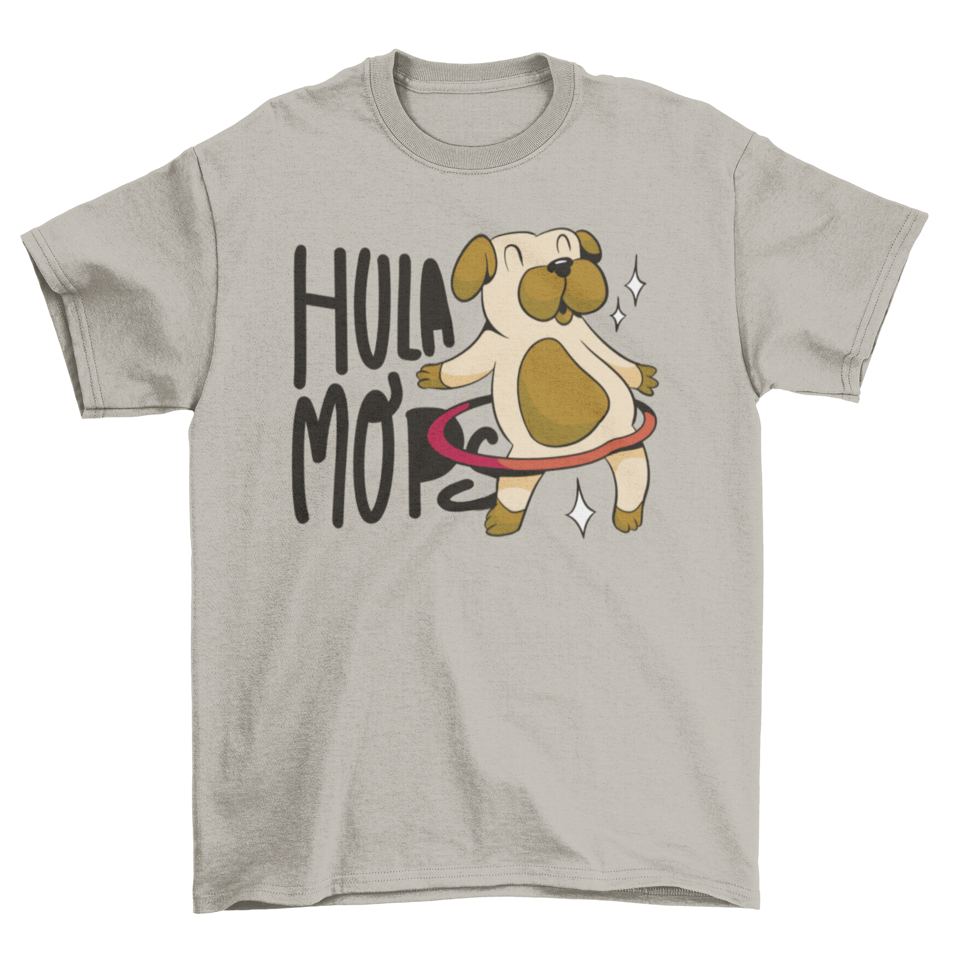 A playful dog wearing a t-shirt with a hula hoop design and the quote 'Hula mops'.