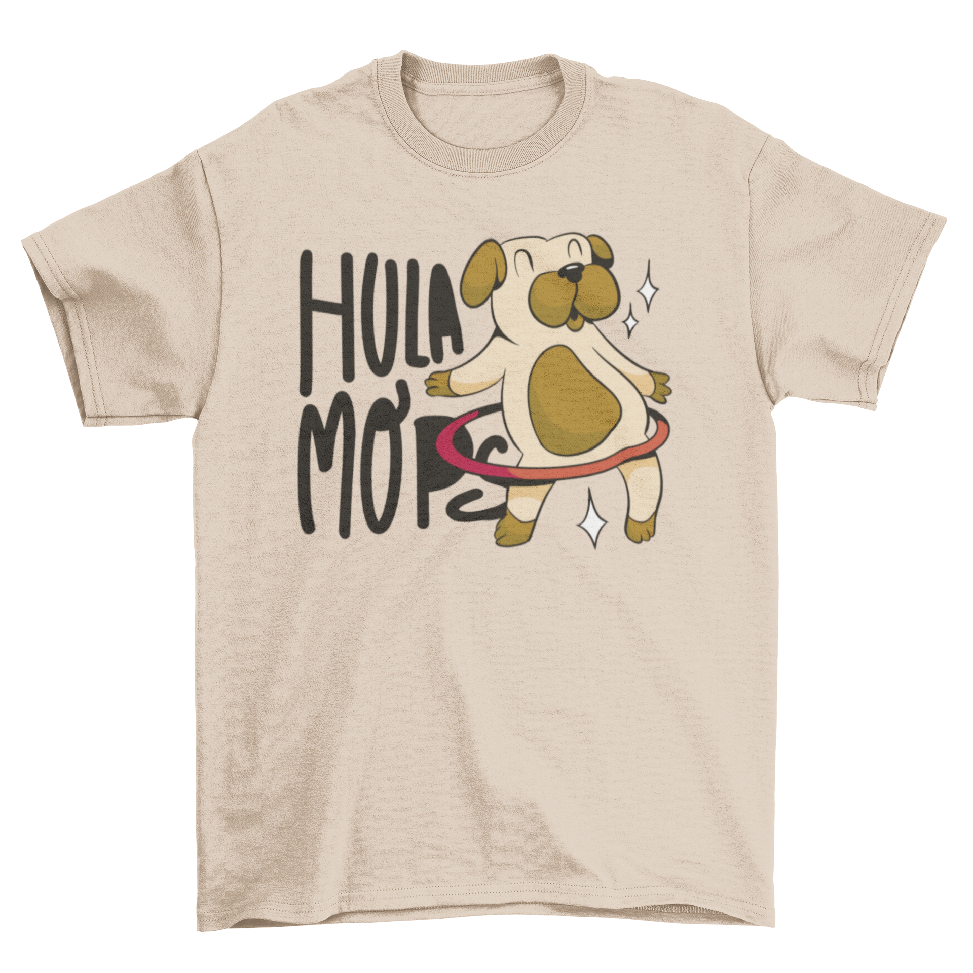 A playful dog wearing a t-shirt with a hula hoop design and the quote 'Hula mops'.