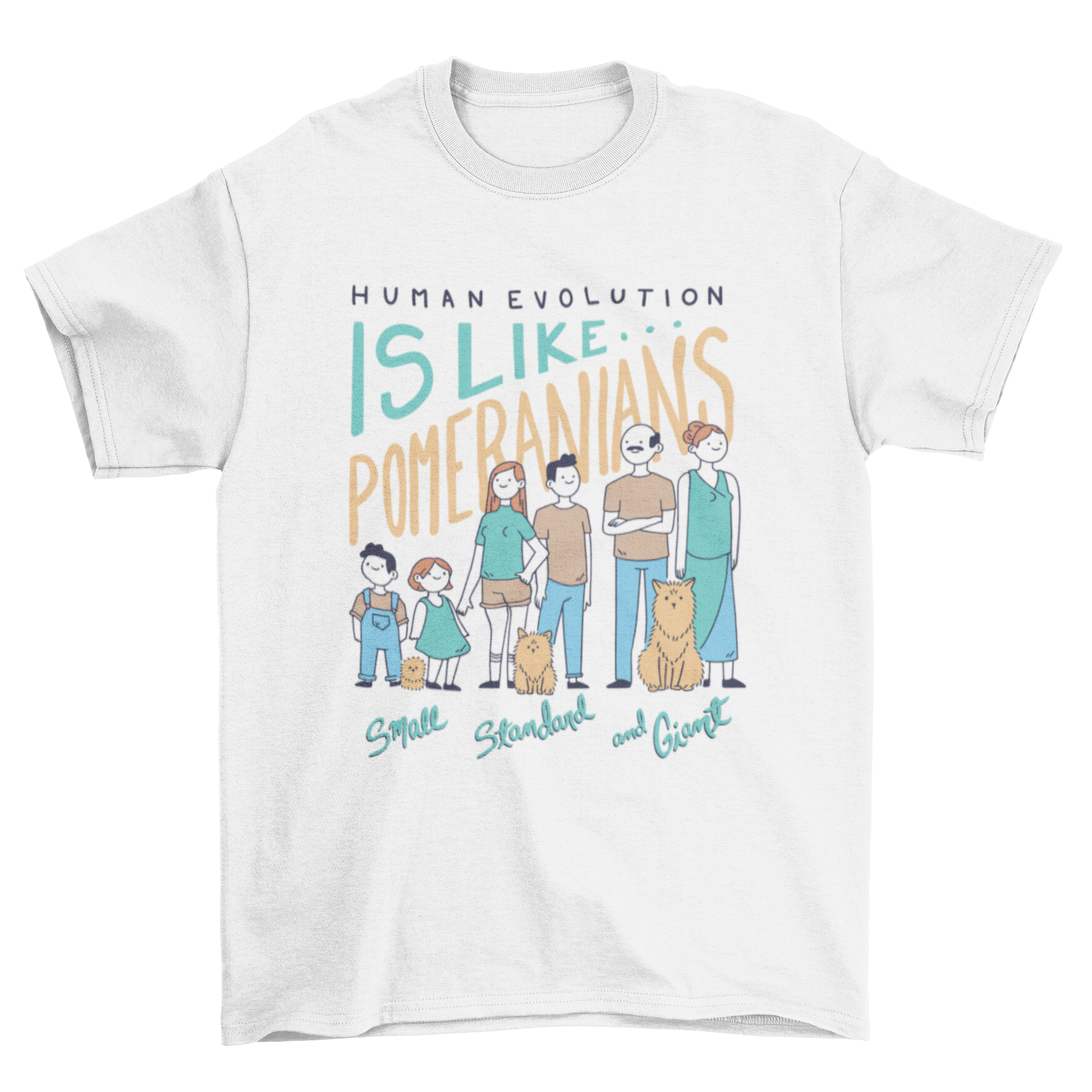 A stylish t-shirt featuring a design of humans of various ages alongside a Pomeranian dog, showcasing the evolution of companionship.