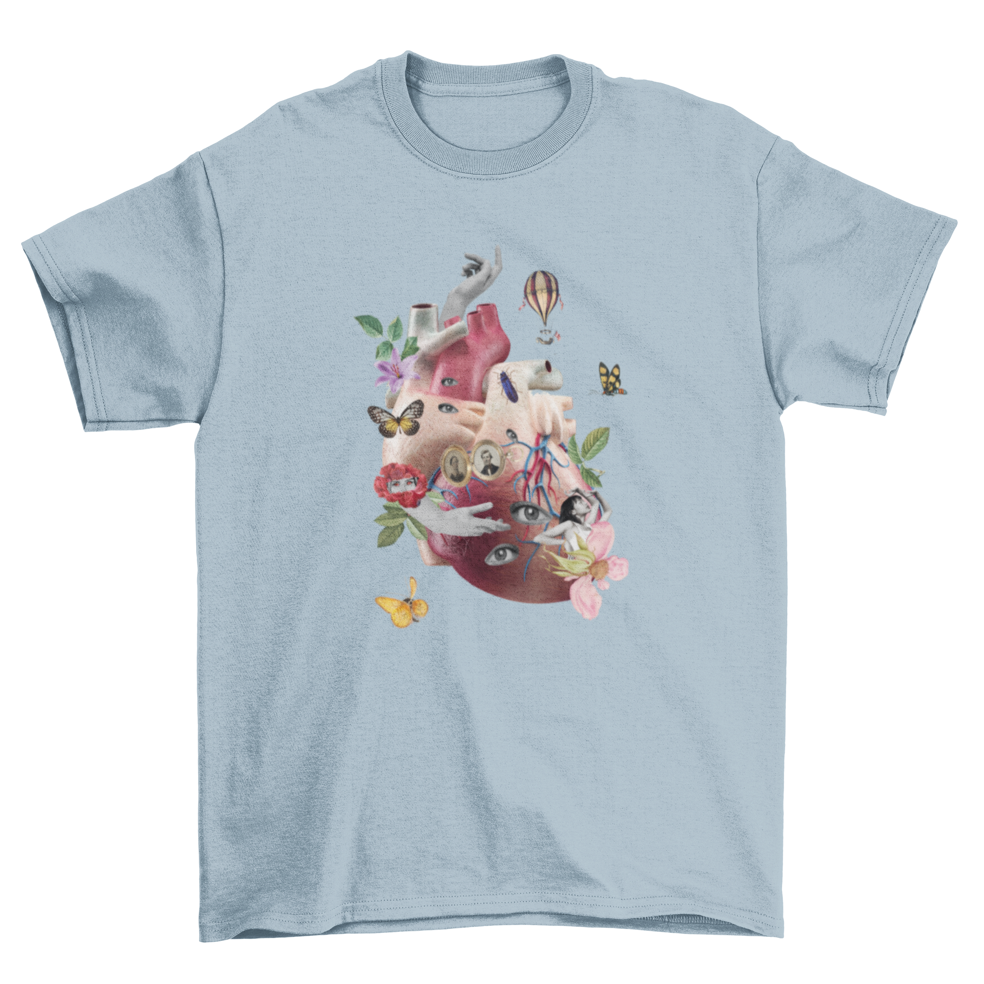 A stylish t-shirt featuring a realistic human heart collage with flowers and diverse elements, showcasing artistic design.