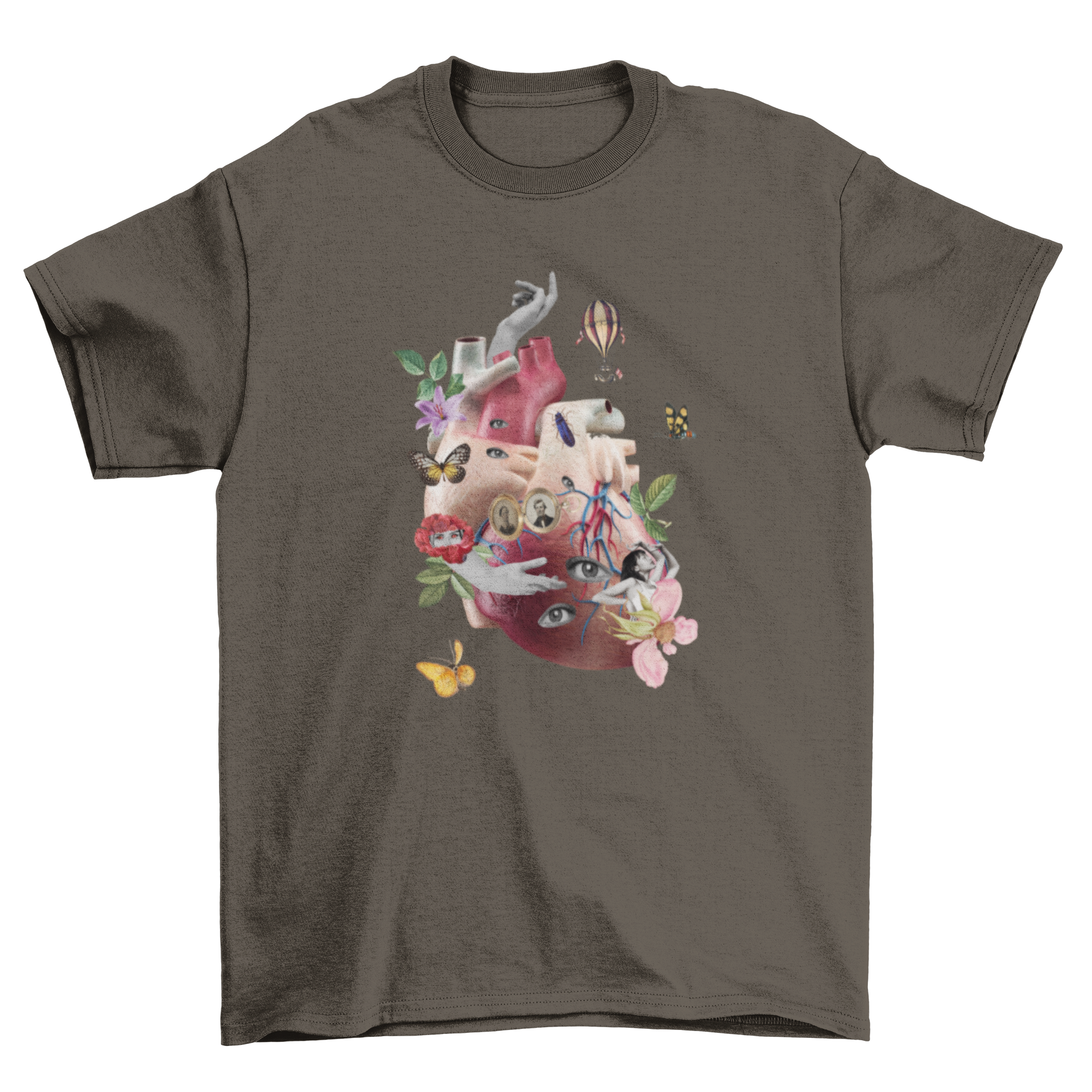 A stylish t-shirt featuring a realistic human heart collage with flowers and diverse elements, showcasing artistic design.