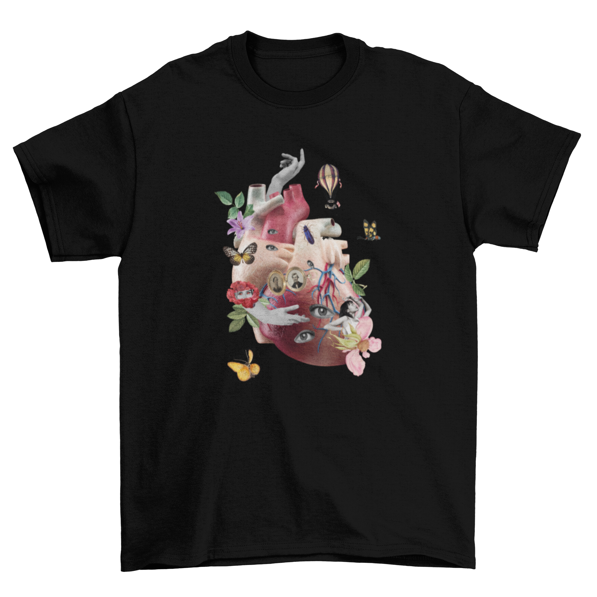 A stylish t-shirt featuring a realistic human heart collage with flowers and diverse elements, showcasing artistic design.