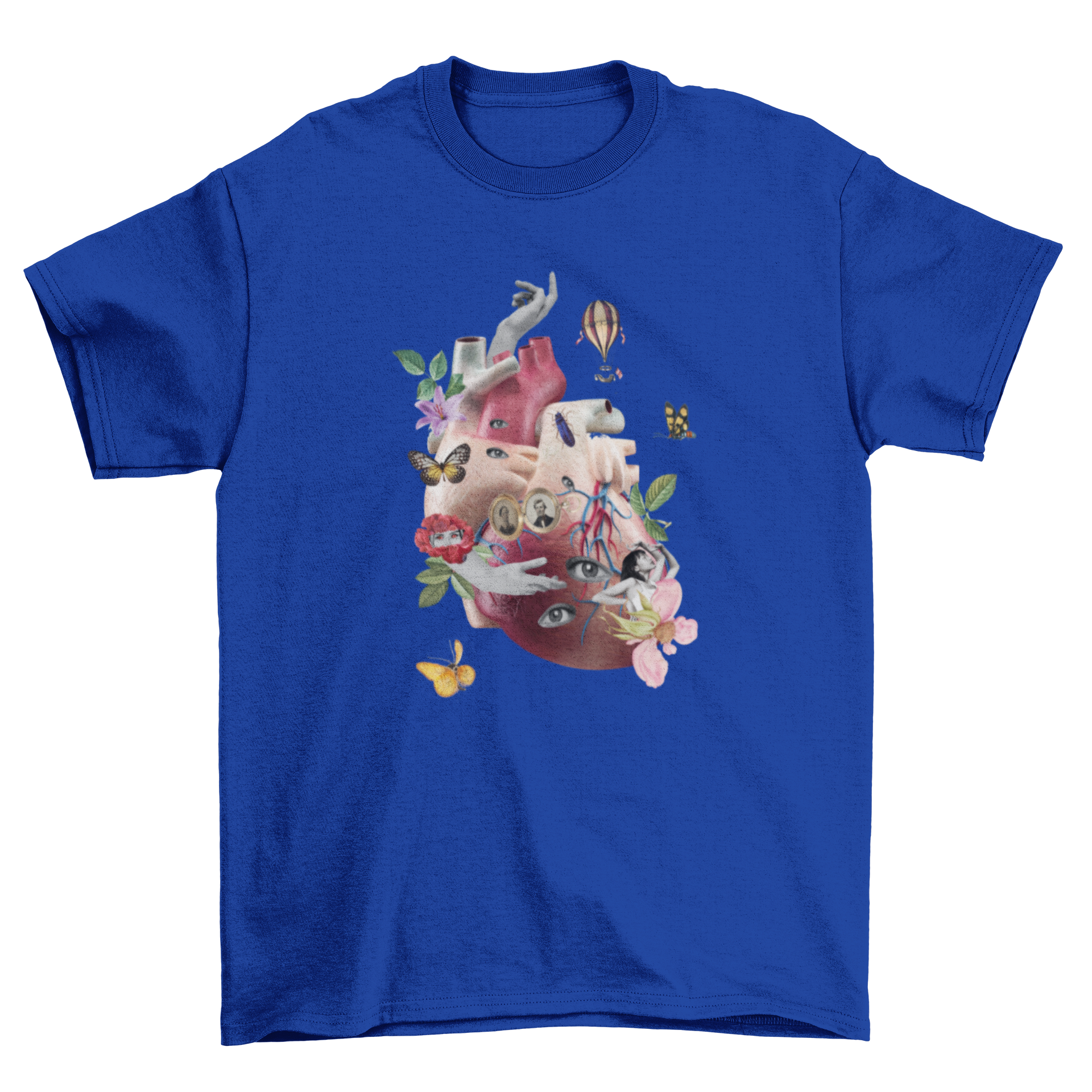 A stylish t-shirt featuring a realistic human heart collage with flowers and diverse elements, showcasing artistic design.