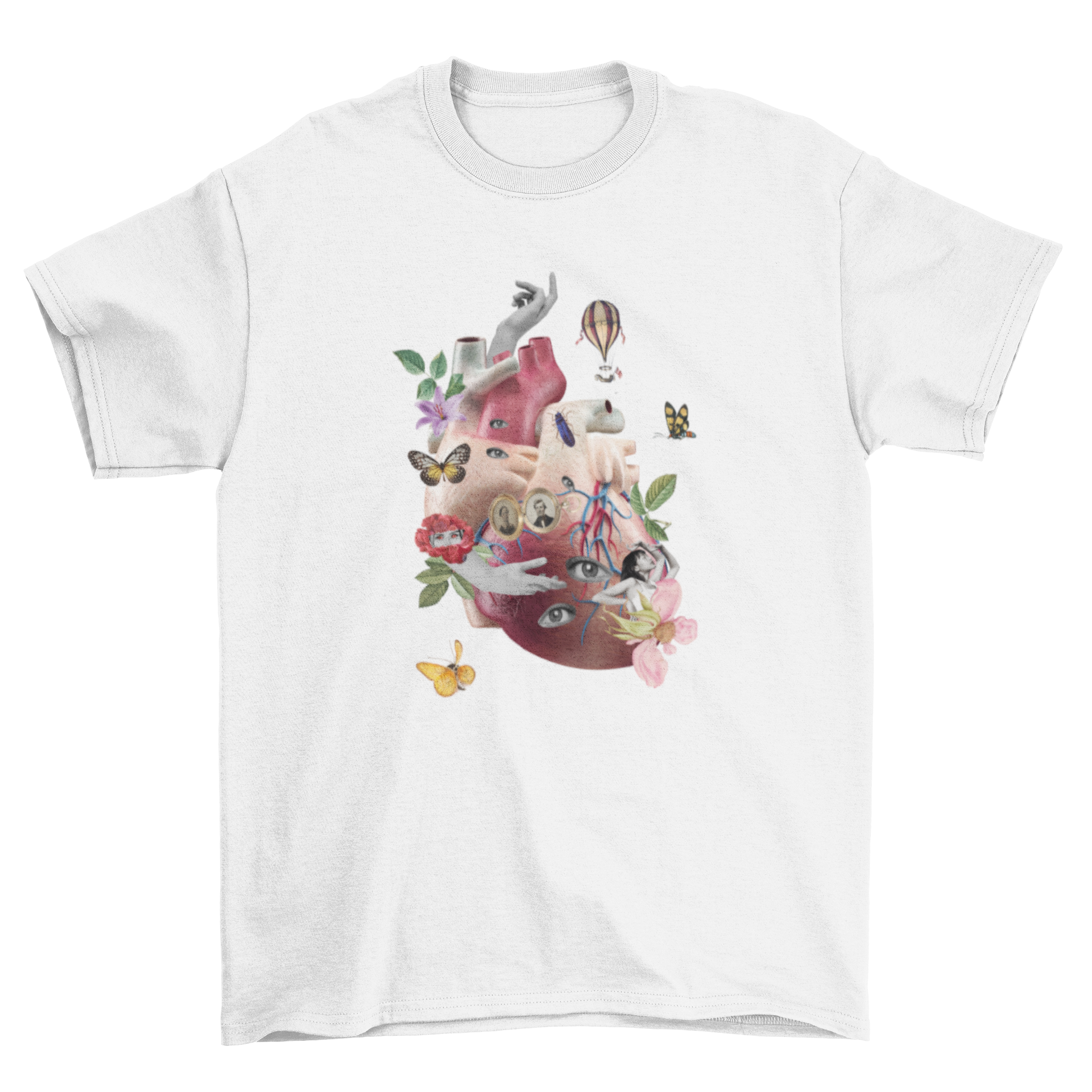 A stylish t-shirt featuring a realistic human heart collage with flowers and diverse elements, showcasing artistic design.