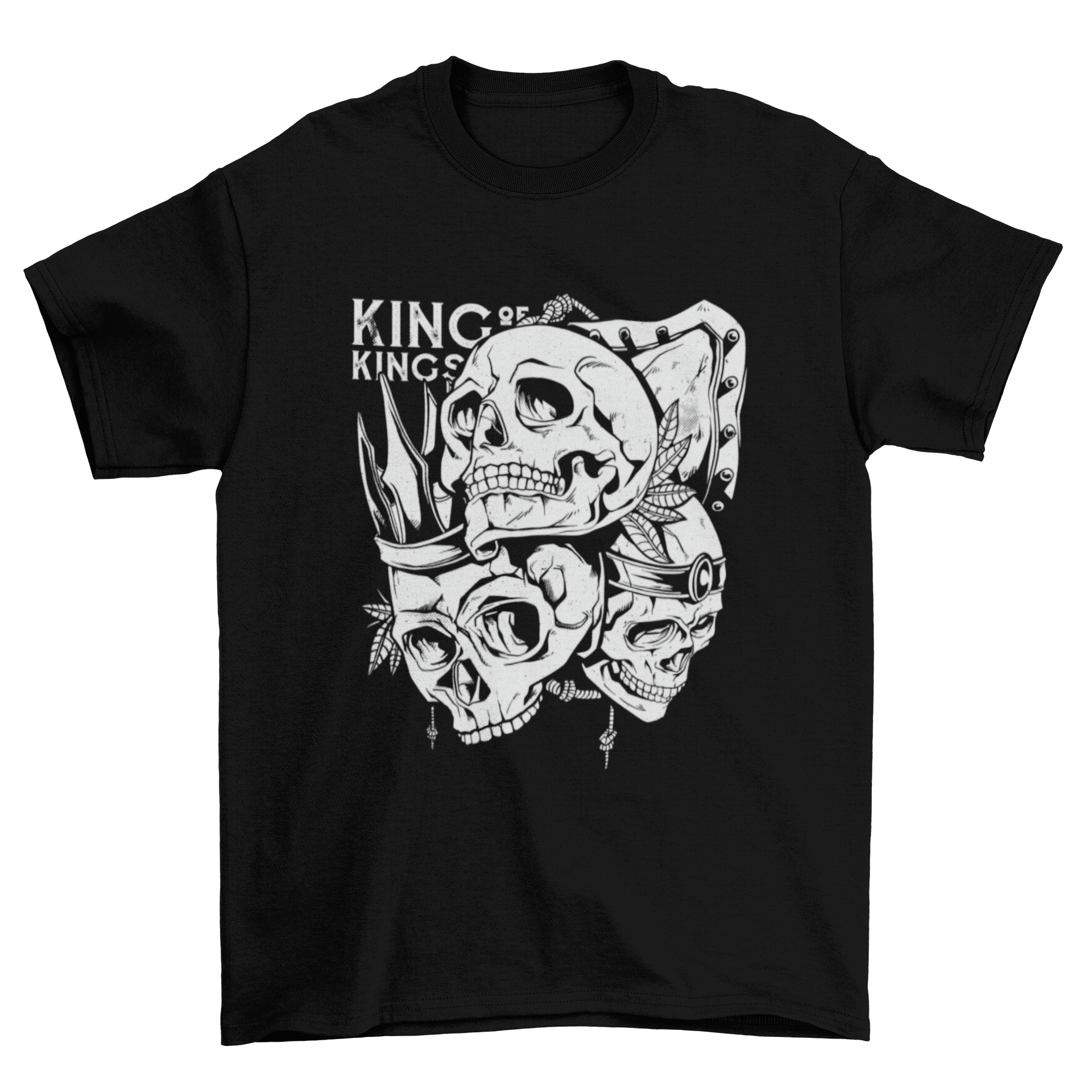 Human Skull Kings Shield T-Shirt featuring three skulls with crowns and the quote 'King of kings'.