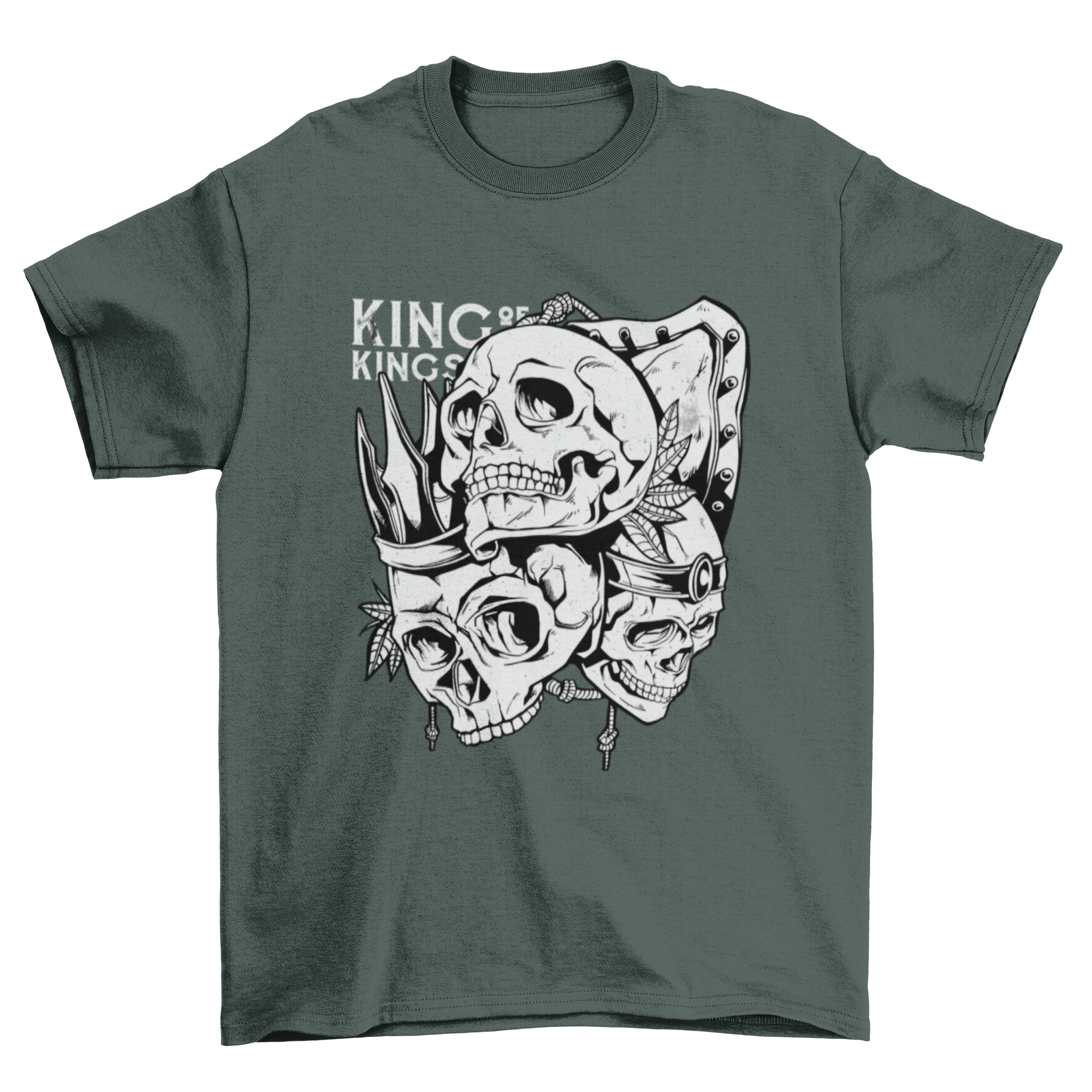 Human Skull Kings Shield T-Shirt featuring three skulls with crowns and the quote 'King of kings'.