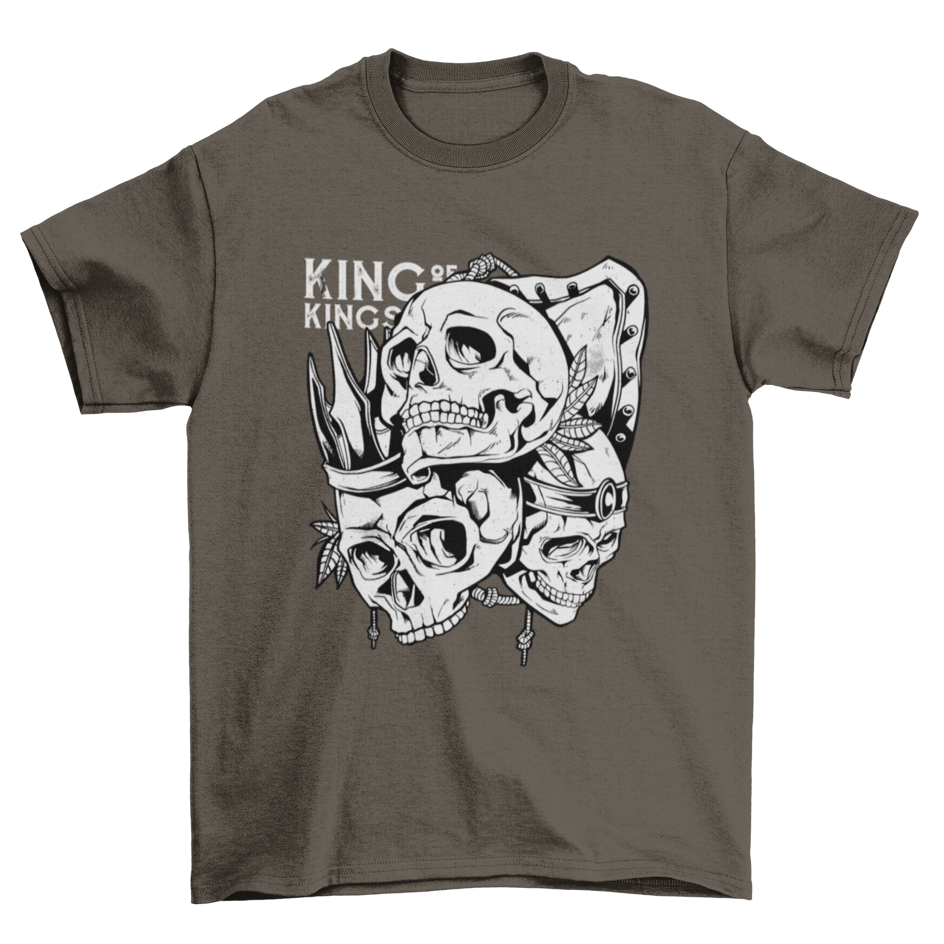 Human Skull Kings Shield T-Shirt featuring three skulls with crowns and the quote 'King of kings'.