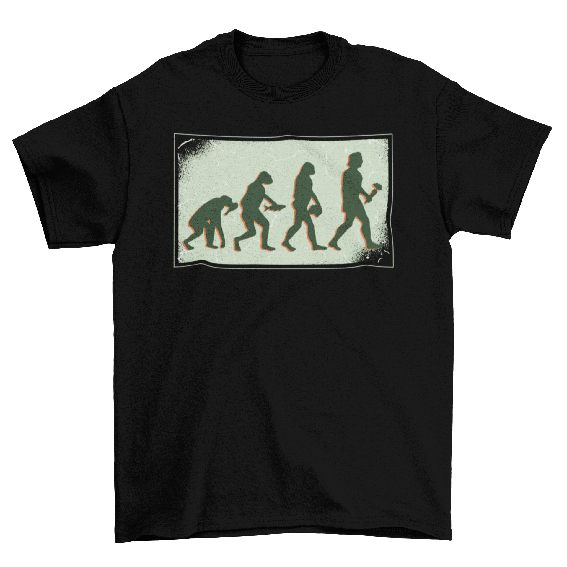 Human Vegan Evolution t-shirt featuring a graphic of human evolution from meat eater to vegan, made from soft fabric.