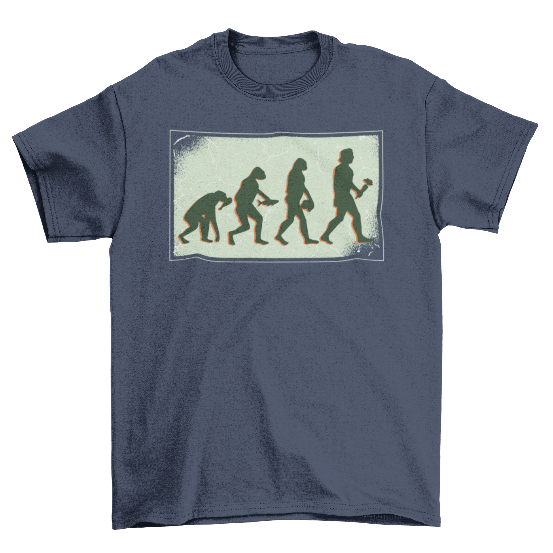 Human Vegan Evolution t-shirt featuring a graphic of human evolution from meat eater to vegan, made from soft fabric.