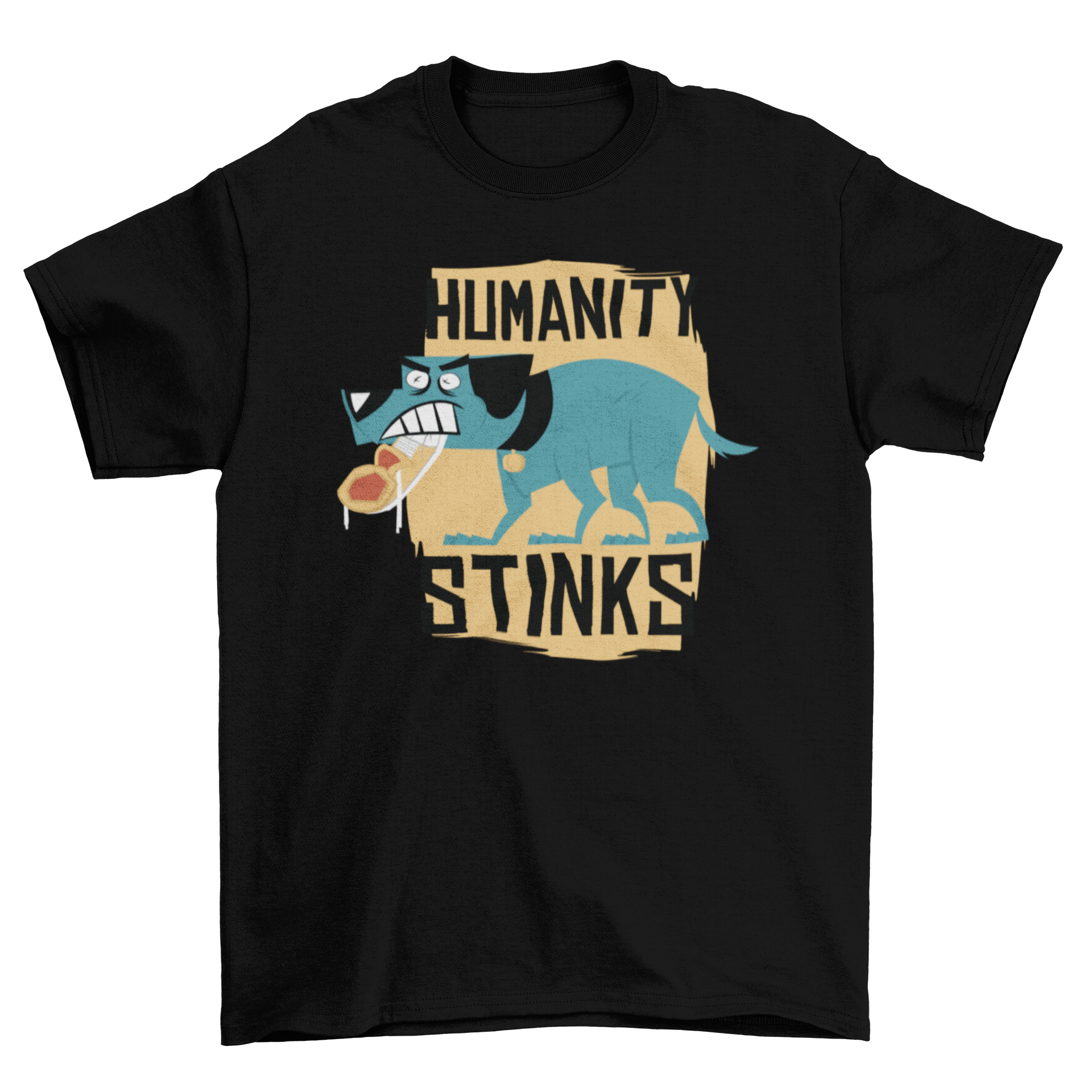 Humanity Stinks t-shirt featuring an angry blue dog illustration and bold lettering.