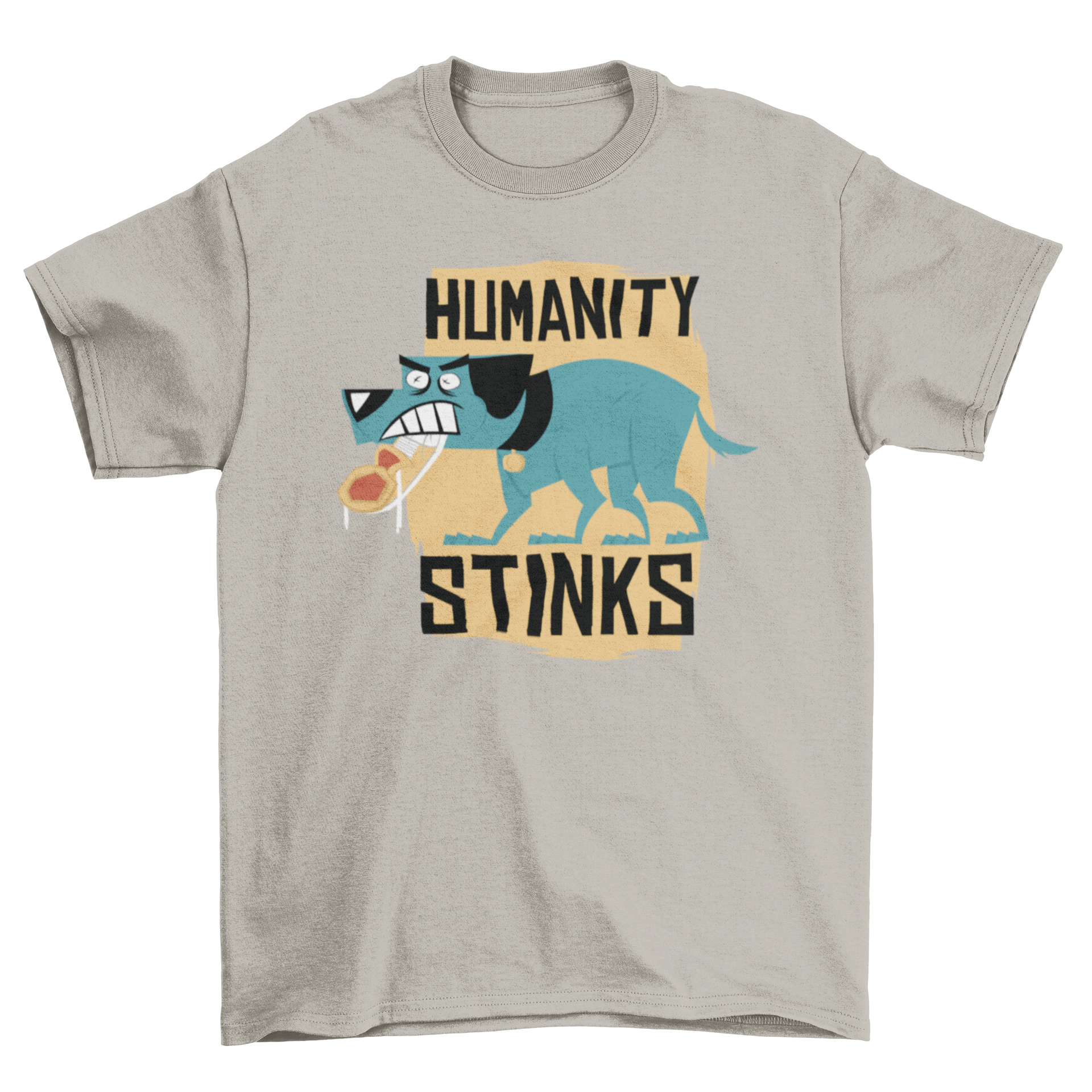 Humanity Stinks t-shirt featuring an angry blue dog illustration and bold lettering.