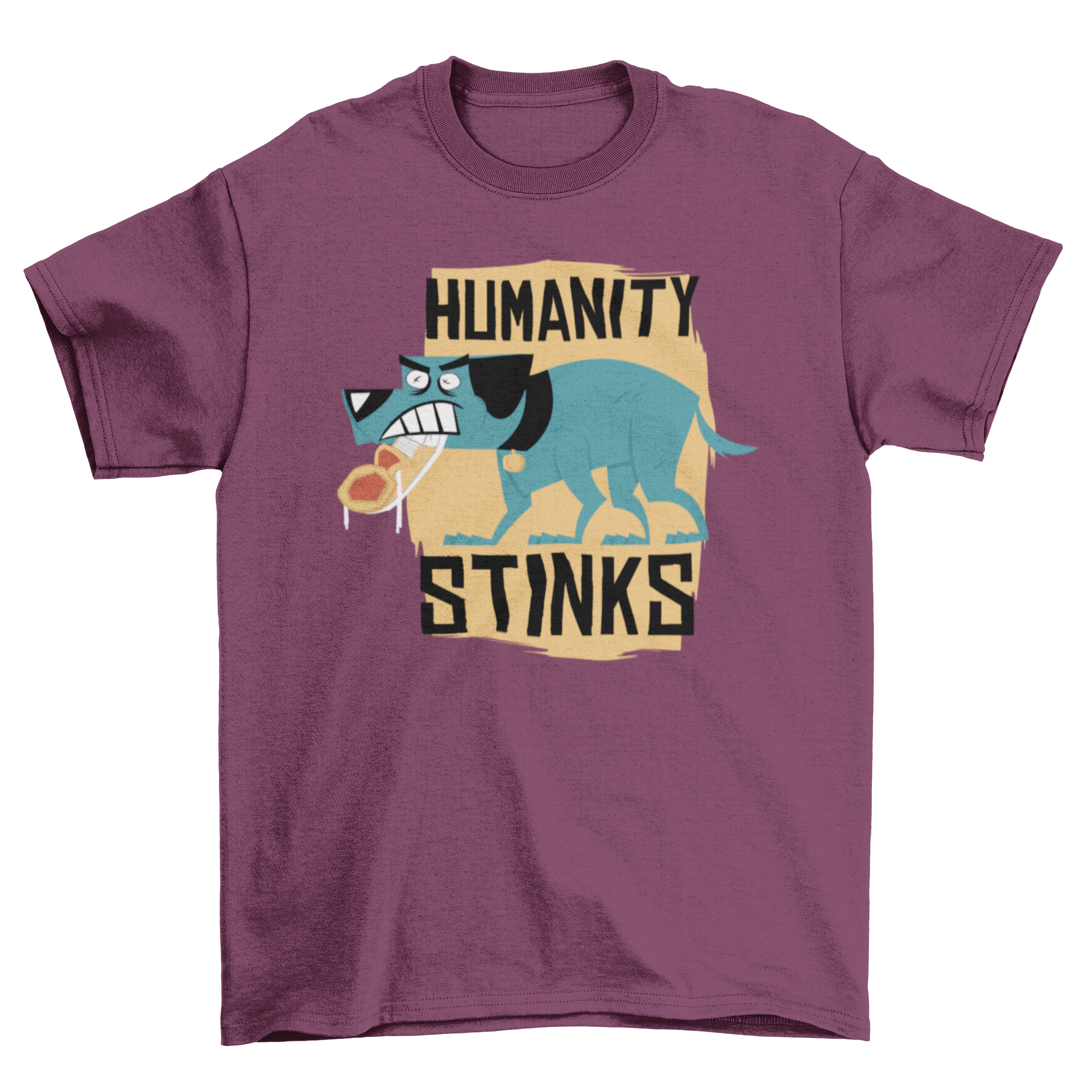 Humanity Stinks t-shirt featuring an angry blue dog illustration and bold lettering.