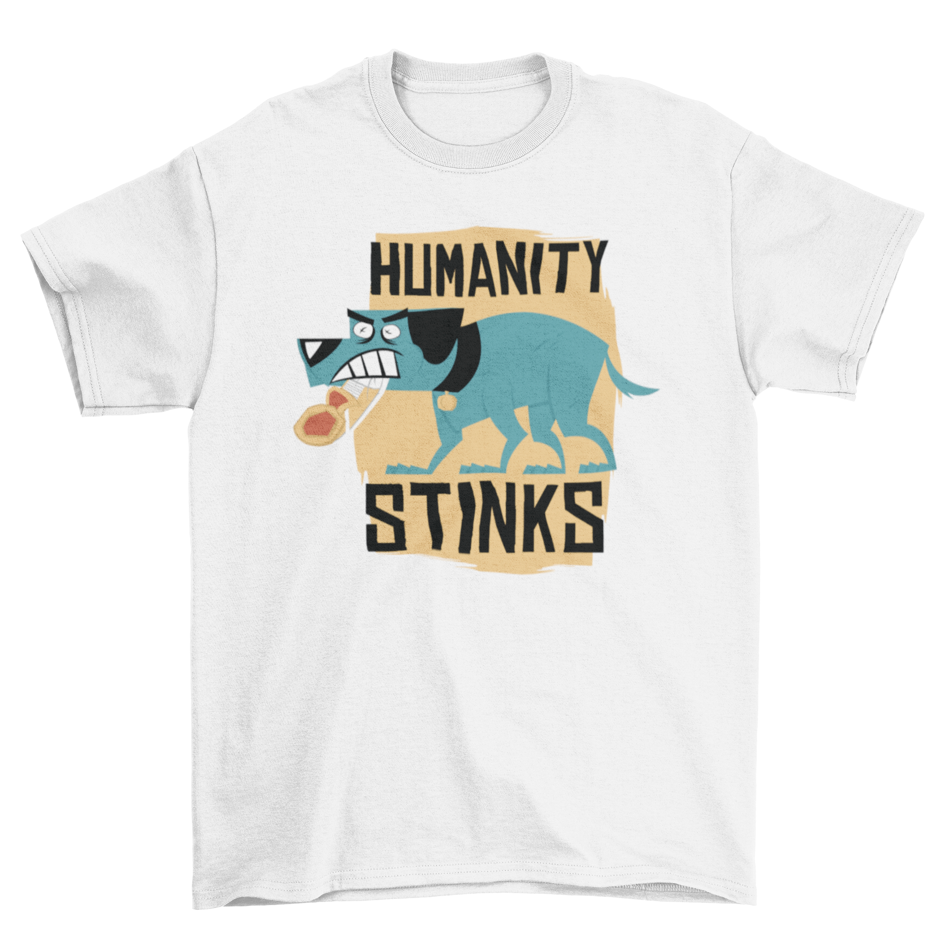 Humanity Stinks t-shirt featuring an angry blue dog illustration and bold lettering.