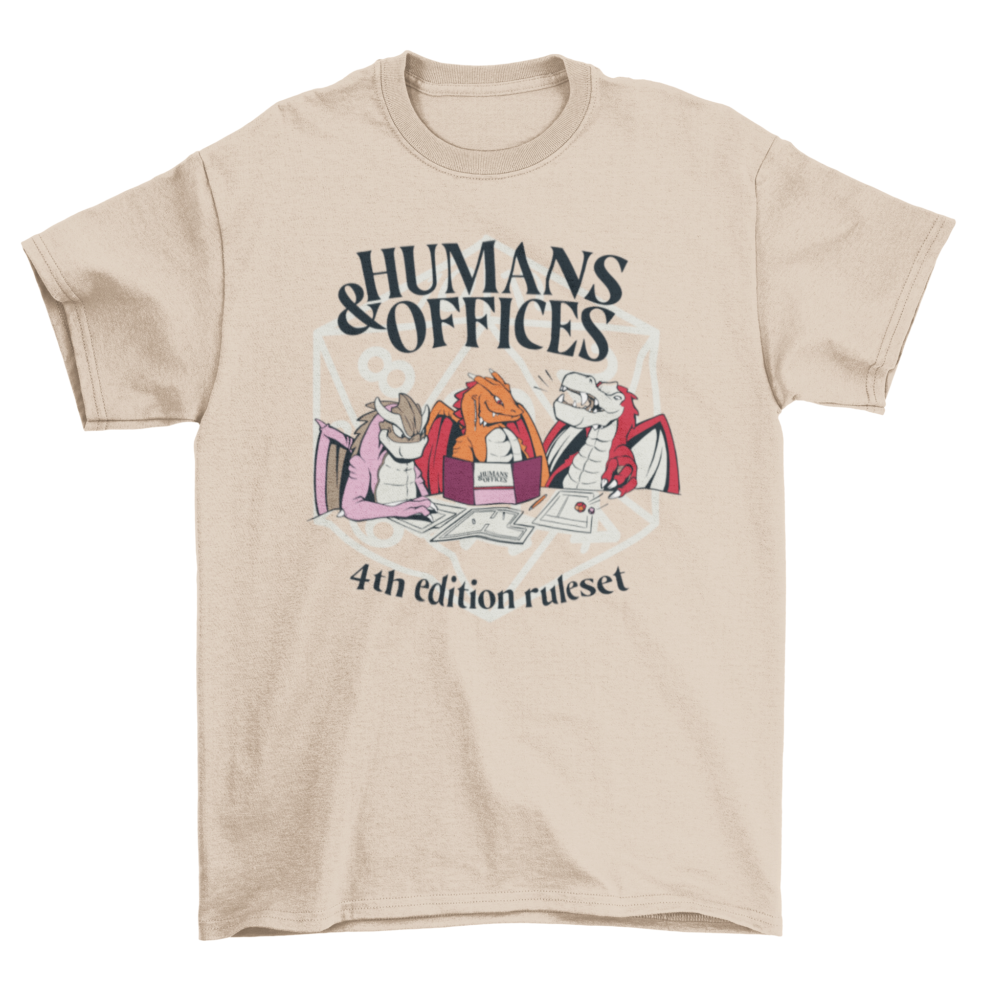 Humans & Offices t-shirt featuring three colorful dragons and humorous captions.