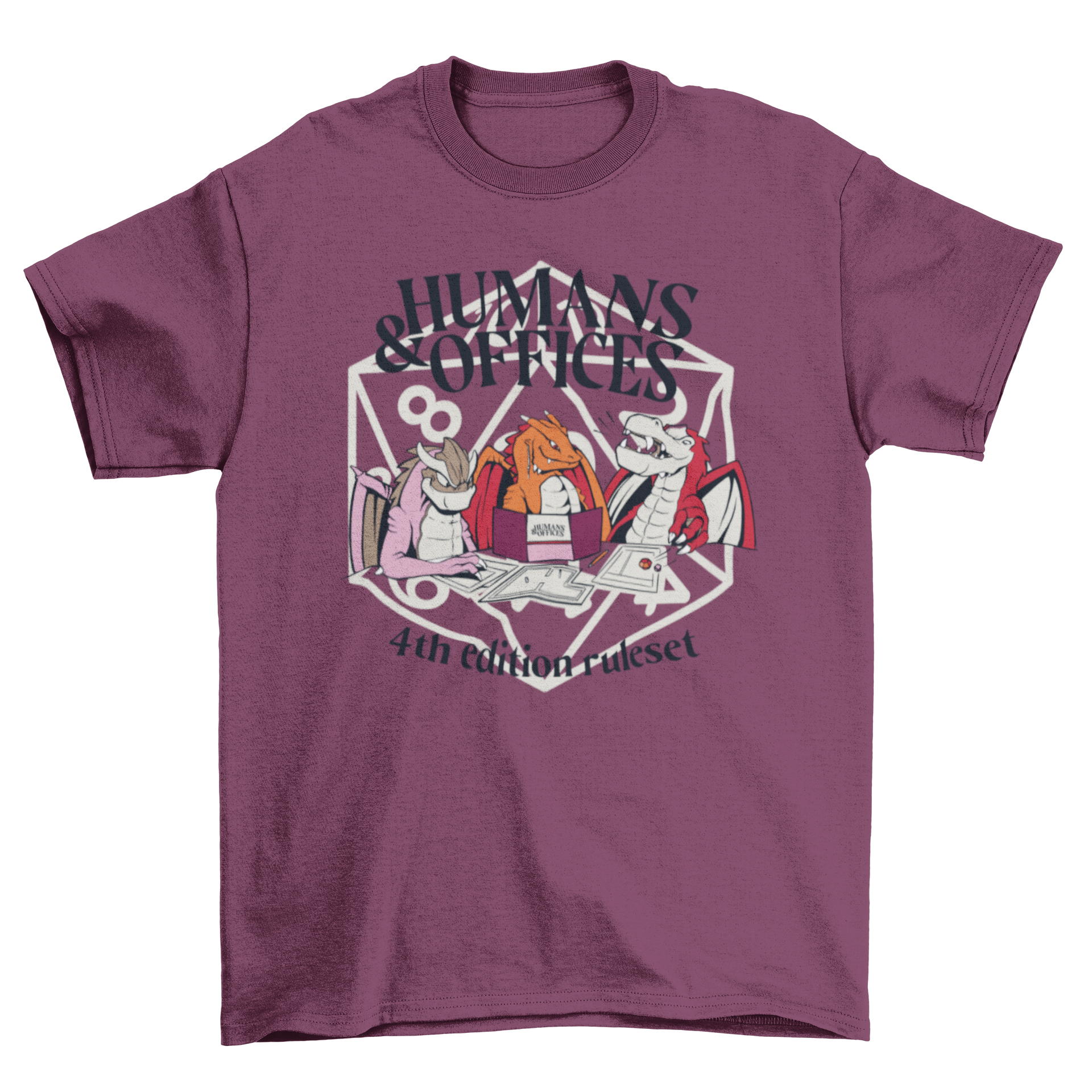 Humans & Offices t-shirt featuring three colorful dragons and humorous captions.