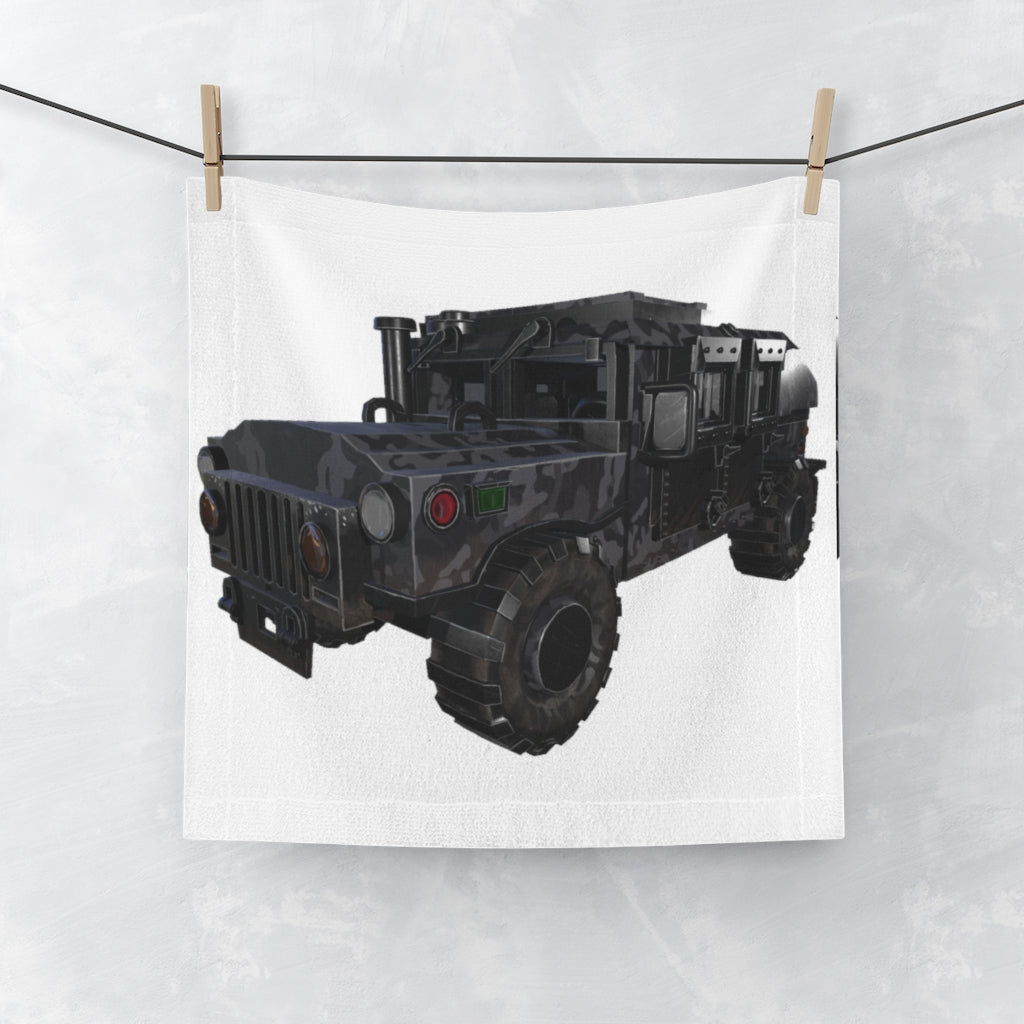 Hummer Vee Vehicle Face Towel featuring a vibrant polyester front and soft cotton back, ideal for customization.