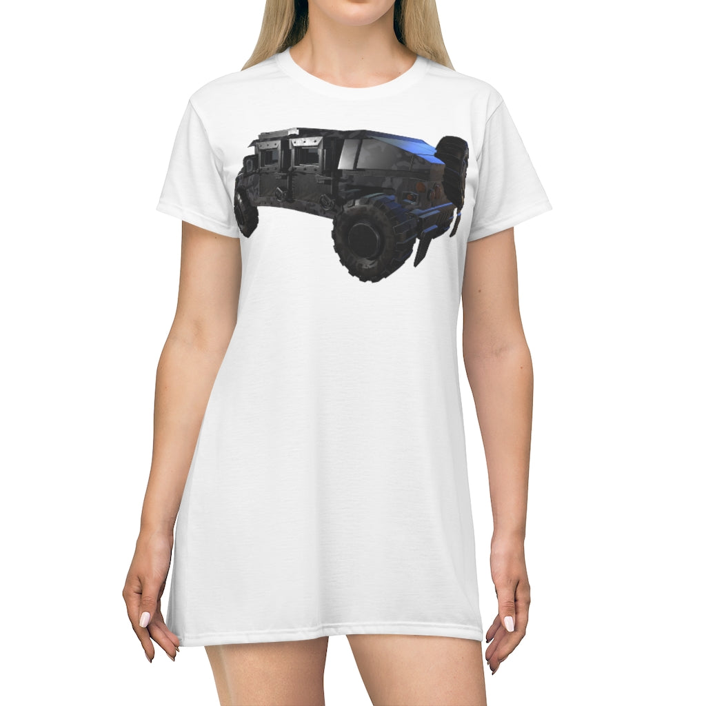 Hummer Vehicle All Over Print T-Shirt Dress showcasing vibrant Hummer designs on a lightweight fabric, perfect for casual wear.