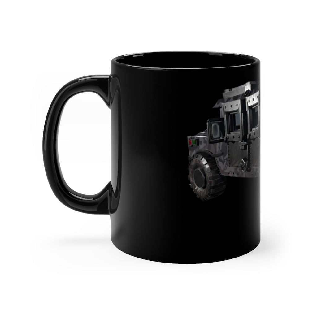 Hummer Vehicle Black mug, 11oz capacity, featuring a sleek black ceramic design with rounded corners and a comfortable C-handle.