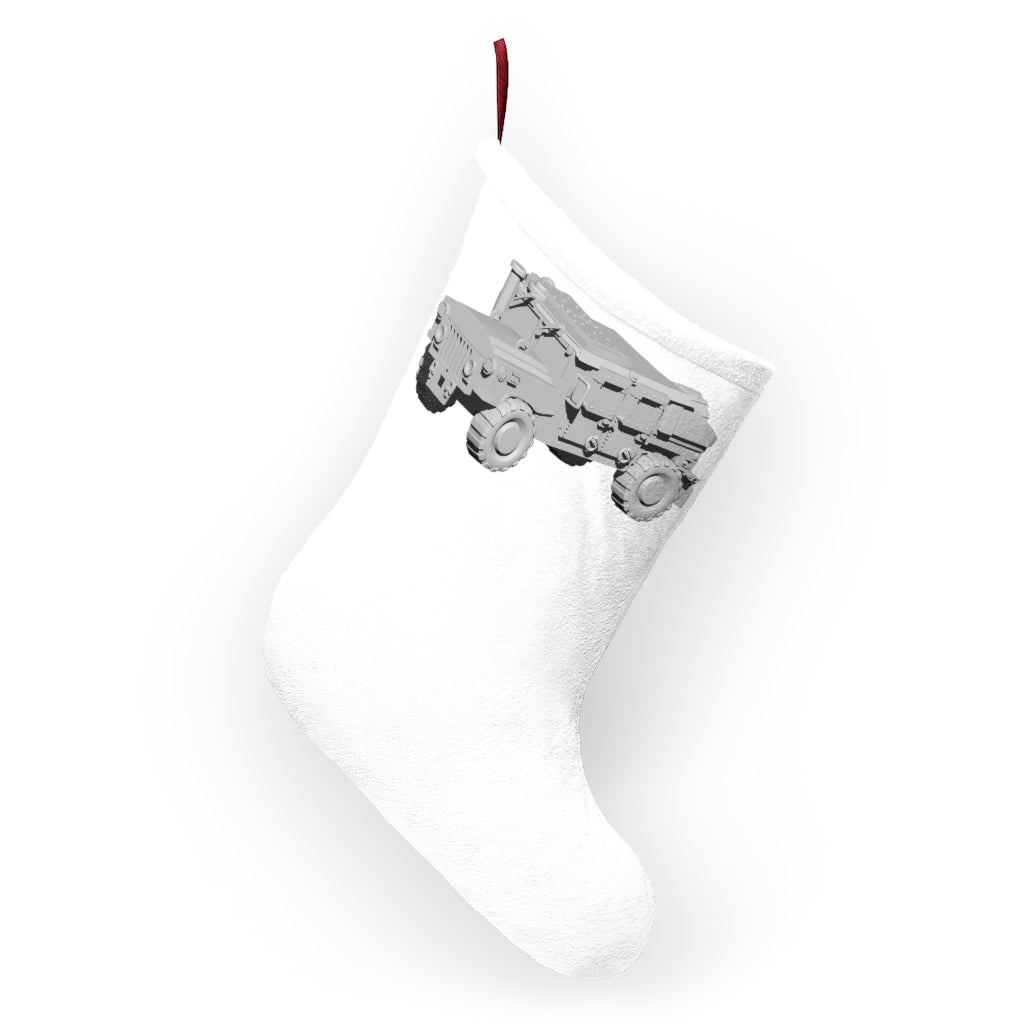 Personalized Hummer Vehicle Christmas Stocking hanging by a fireplace, showcasing festive design and soft fleece material.