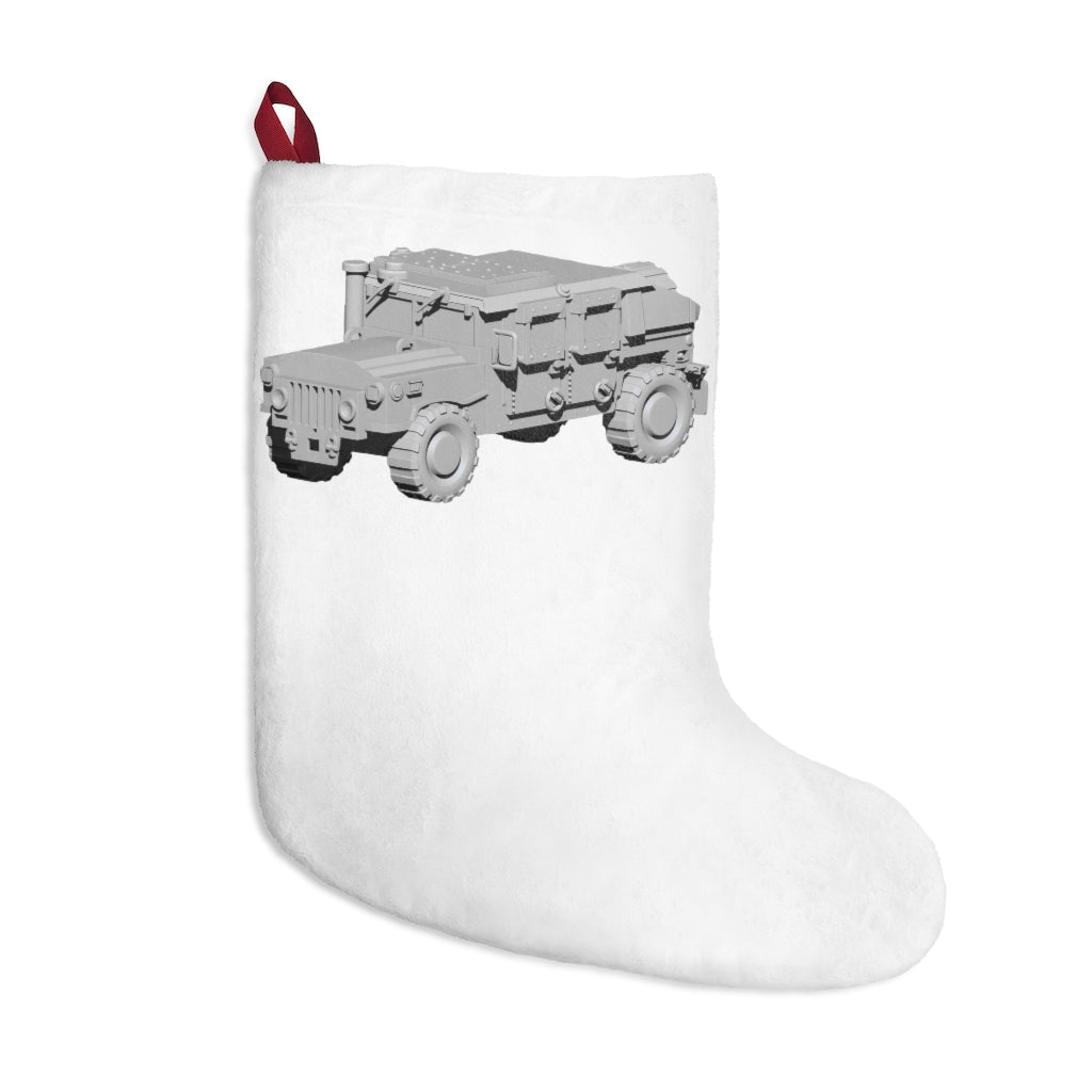 Personalized Hummer Vehicle Christmas Stocking hanging by a fireplace, showcasing festive design and soft fleece material.