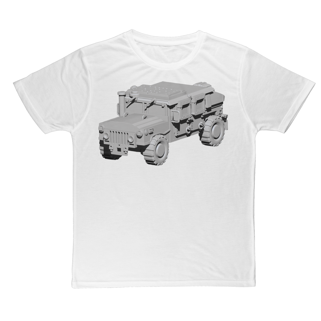 Hummer Vehicle Classic Sublimation Adult T-Shirt showcasing vibrant colors and soft polyester fabric.