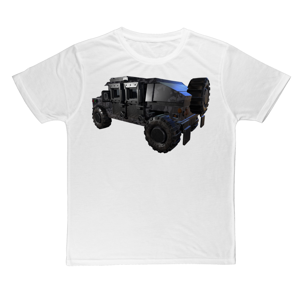 Hummer Vehicle Classic Sublimation Adult T-Shirt featuring vibrant colors and soft polyester fabric, ideal for sublimation printing.