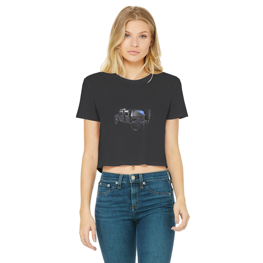 Hummer Vehicle Classic Women's Cropped Raw Edge T-Shirt featuring a round neck and raw edge hem in a stylish design.