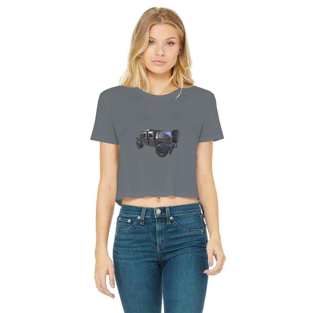 Hummer Vehicle Classic Women's Cropped Raw Edge T-Shirt featuring a round neck and raw edge hem in a stylish design.