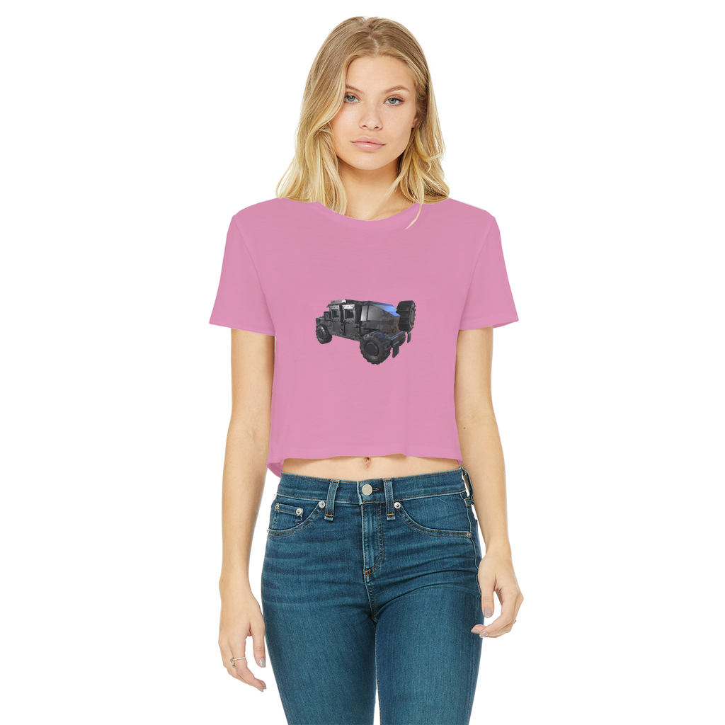 Hummer Vehicle Classic Women's Cropped Raw Edge T-Shirt featuring a round neck and raw edge hem in a stylish design.