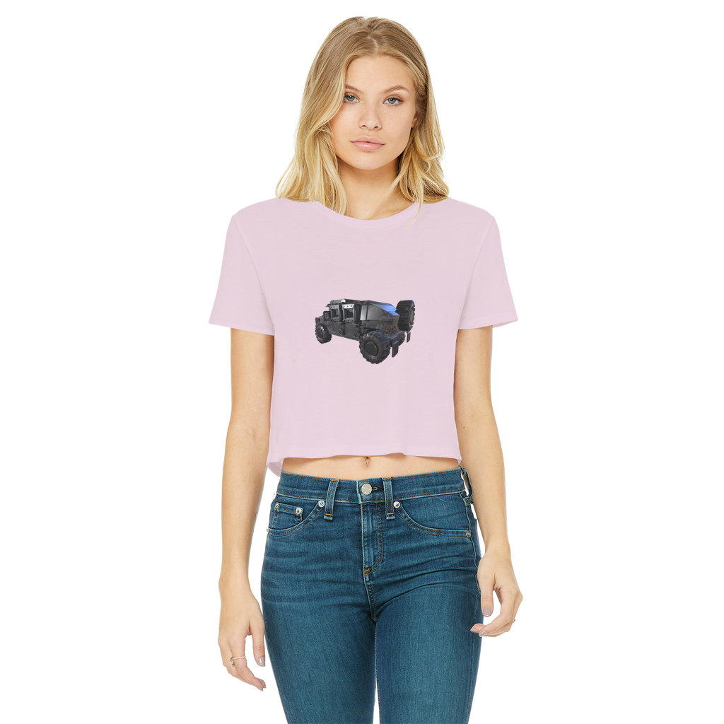 Hummer Vehicle Classic Women's Cropped Raw Edge T-Shirt featuring a round neck and raw edge hem in a stylish design.