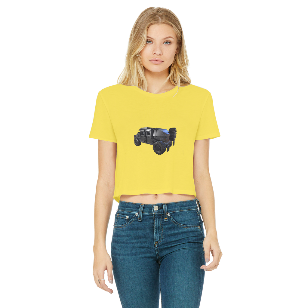 Hummer Vehicle Classic Women's Cropped Raw Edge T-Shirt featuring a round neck and raw edge hem in a stylish design.