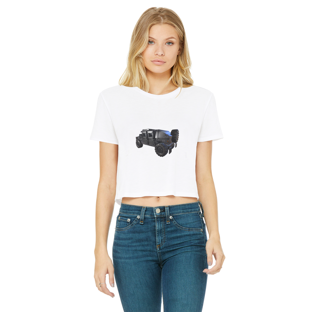 Hummer Vehicle Classic Women's Cropped Raw Edge T-Shirt featuring a round neck and raw edge hem in a stylish design.