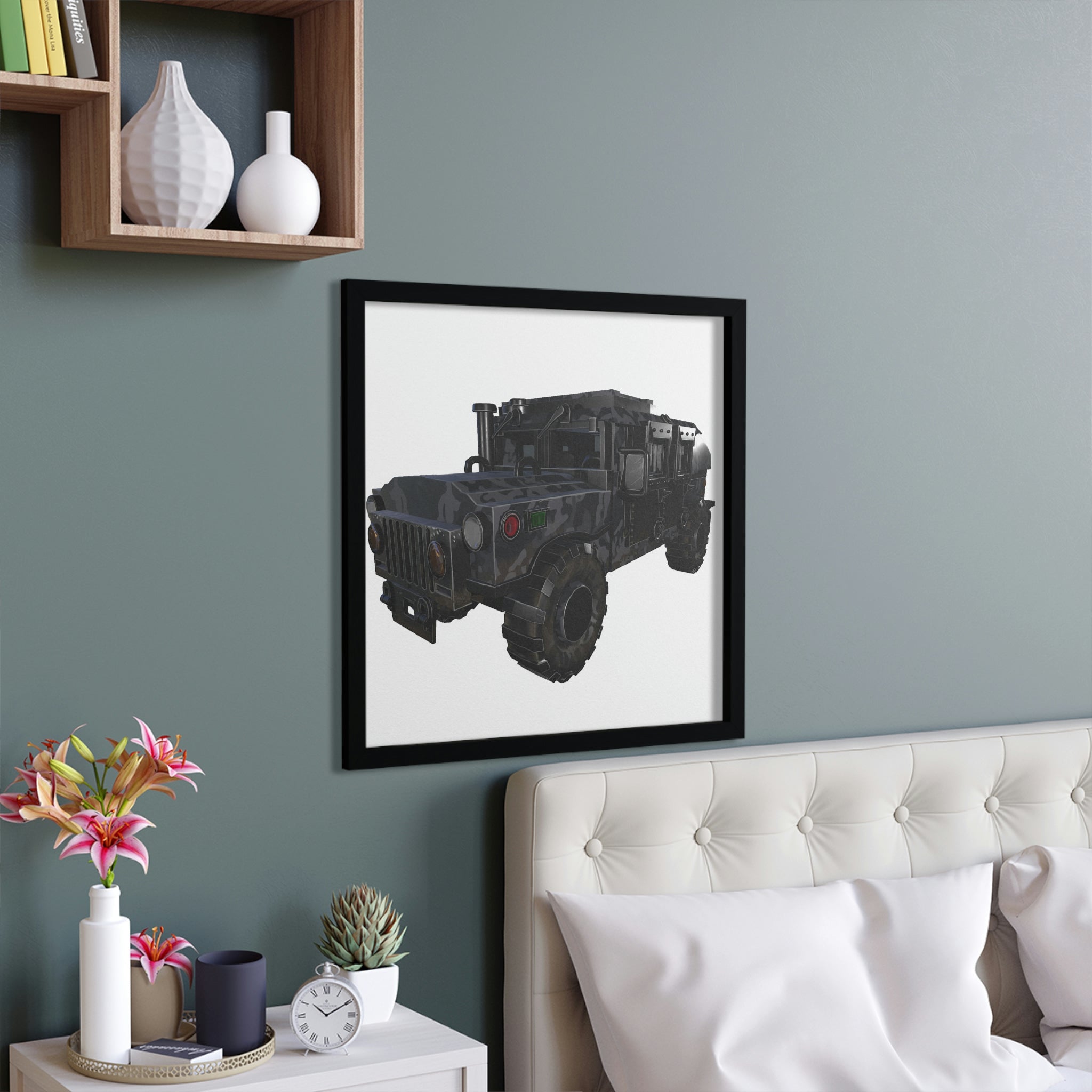 A beautifully framed poster of a Hummer vehicle, showcasing vibrant colors and a hand-crafted wooden frame, ready for hanging.