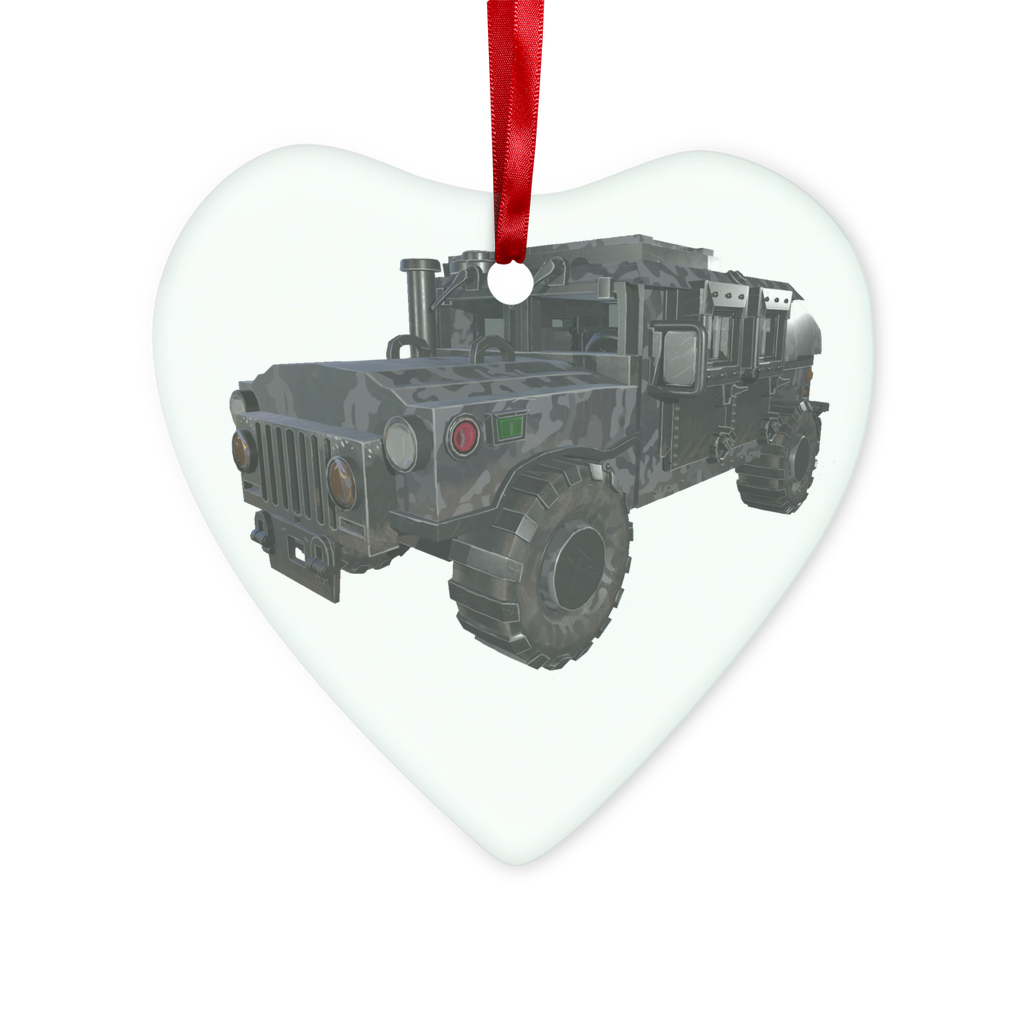 Hummer Vehicle Glass Hanging Ornament in round and heart shapes, beautifully crafted with a red ribbon and gold string.