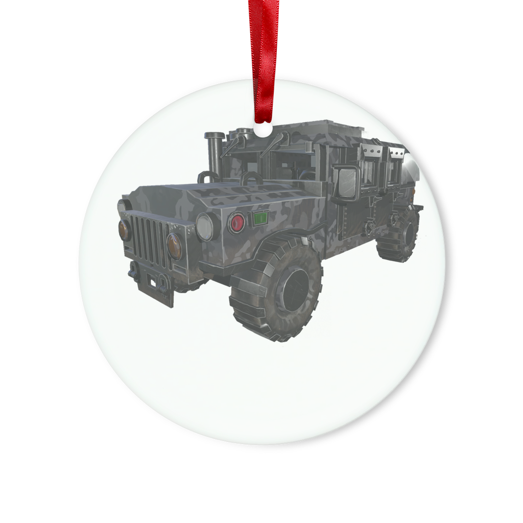 Hummer Vehicle Glass Hanging Ornament in round and heart shapes, beautifully crafted with a red ribbon and gold string.