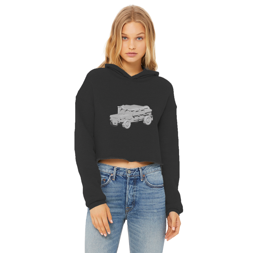 Hummer Vehicle Ladies Cropped Raw Edge Hoodie in various colors, showcasing its stylish design and raw edge hem.