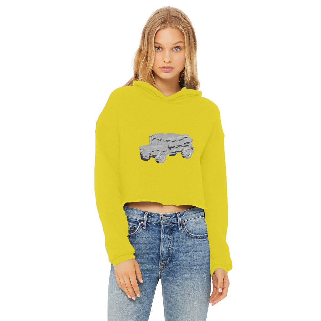 Hummer Vehicle Ladies Cropped Raw Edge Hoodie in various colors, showcasing its stylish design and raw edge hem.