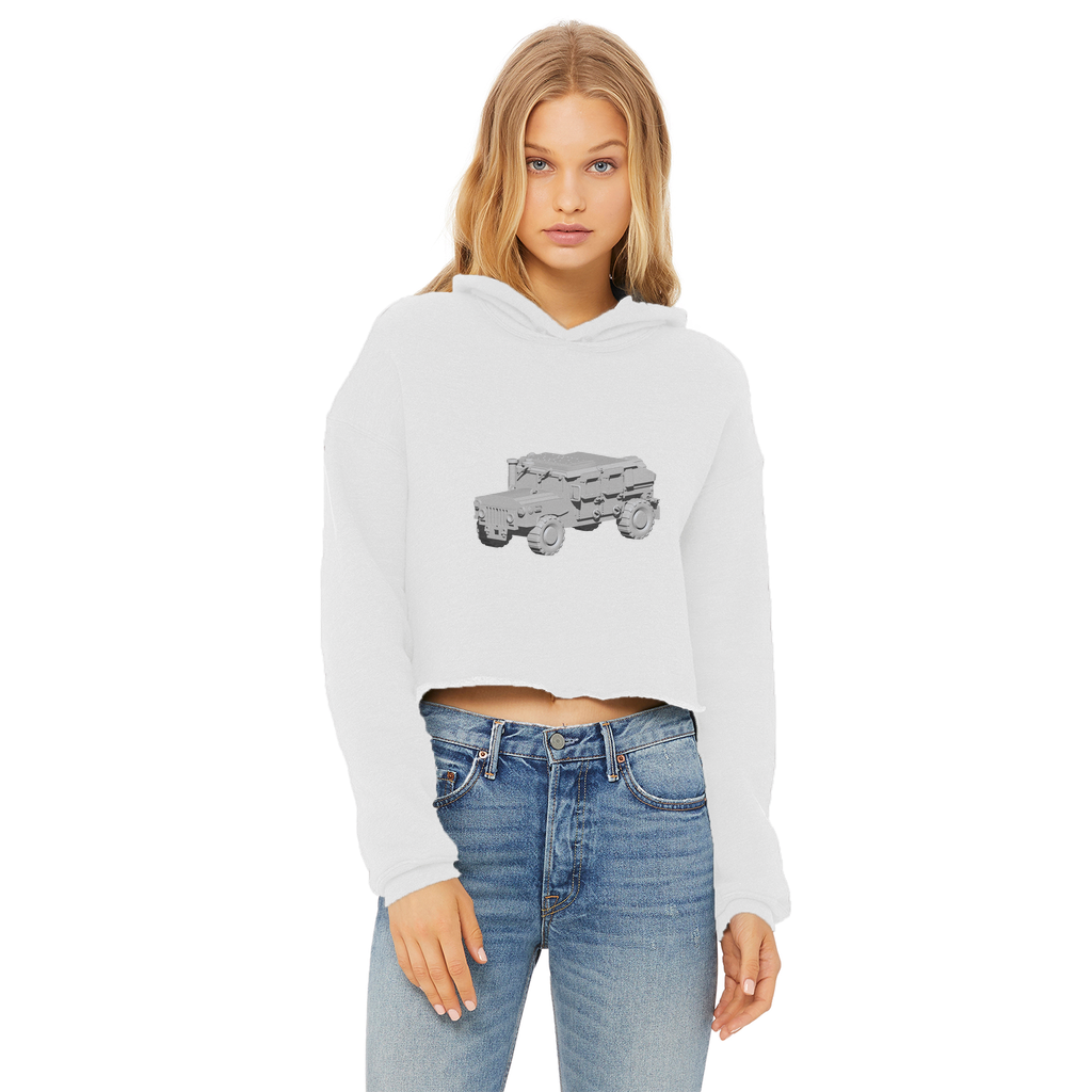 Hummer Vehicle Ladies Cropped Raw Edge Hoodie in various colors, showcasing its stylish design and raw edge hem.